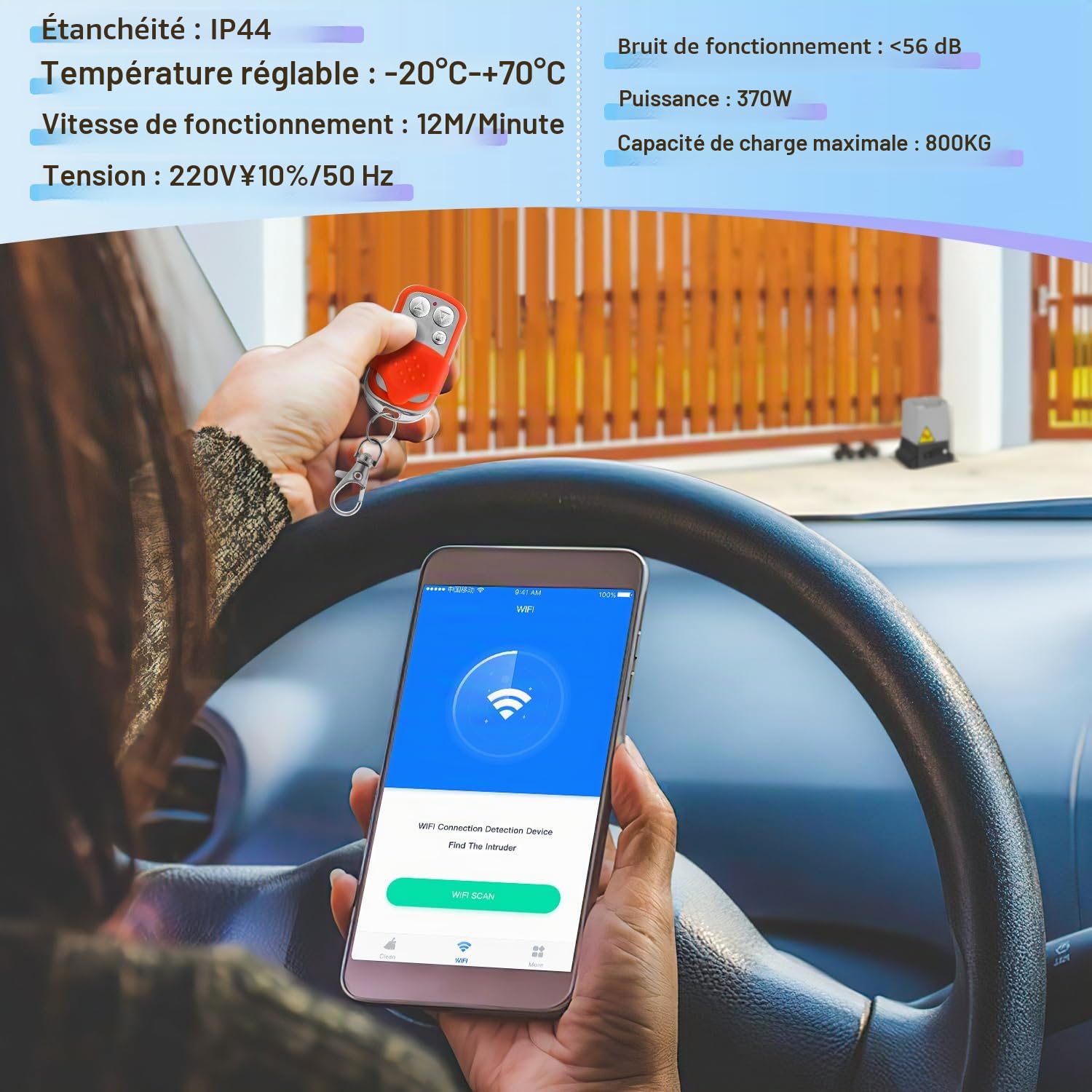 370W Moteur Portail Coulissant, commande Bluetooth Ouverture de portail Moteur de portail de garage jusqu'à 800 kg, 12M portail coulissant Moteur de portail de cour, avec 2 télécommandes