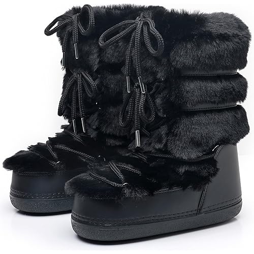 Furry Faux Fur Boots for Women - Fuzzy Boots for Women Winter Snow Boots - Fluffy Black White Pink Fur Boots- Lace-up Mid-Calf Water-Resistant Platform Boots