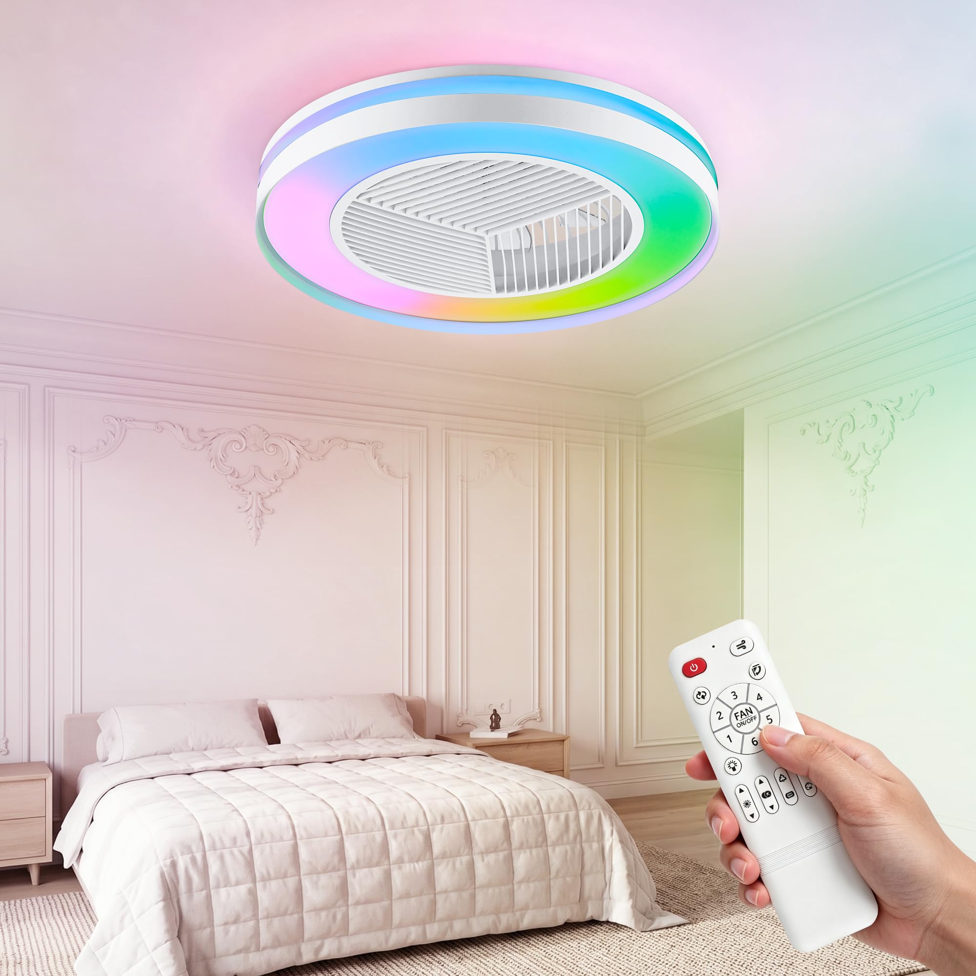 DOMANKI Deckenventilator mit Beleuchtung 50 cm RGB, Leiser DC-Motor Dimmbar, Sommer-/Wintermodus, Fernbedienung, Weiß