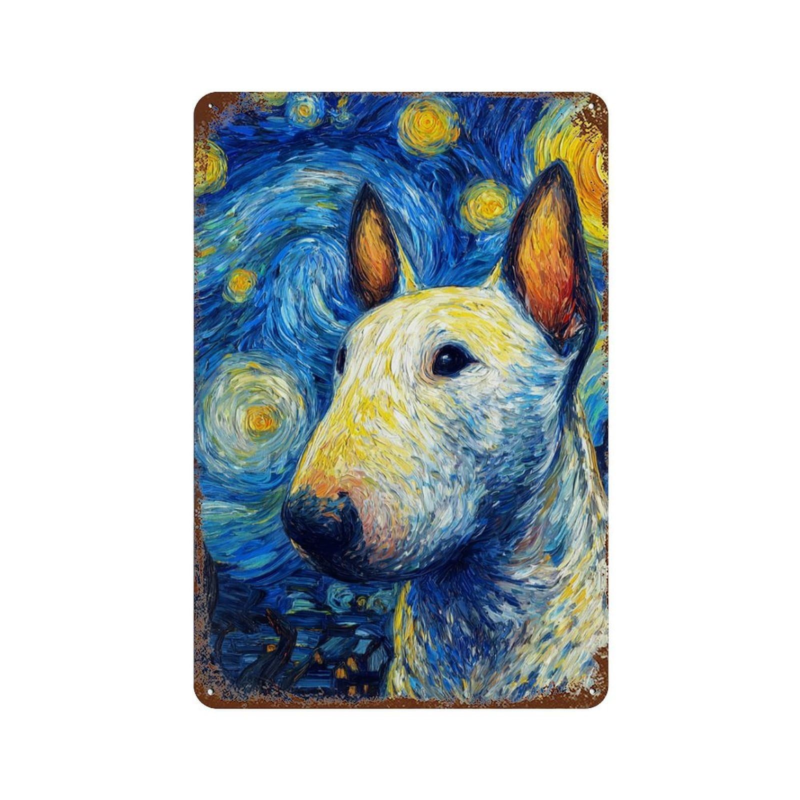 Starry Night Bull Terrier Art Print -3 Rust Effect Tin Sign 11.8"x7.9", Vintage Wall Decor for Bistro, Counter And Cafe Decor