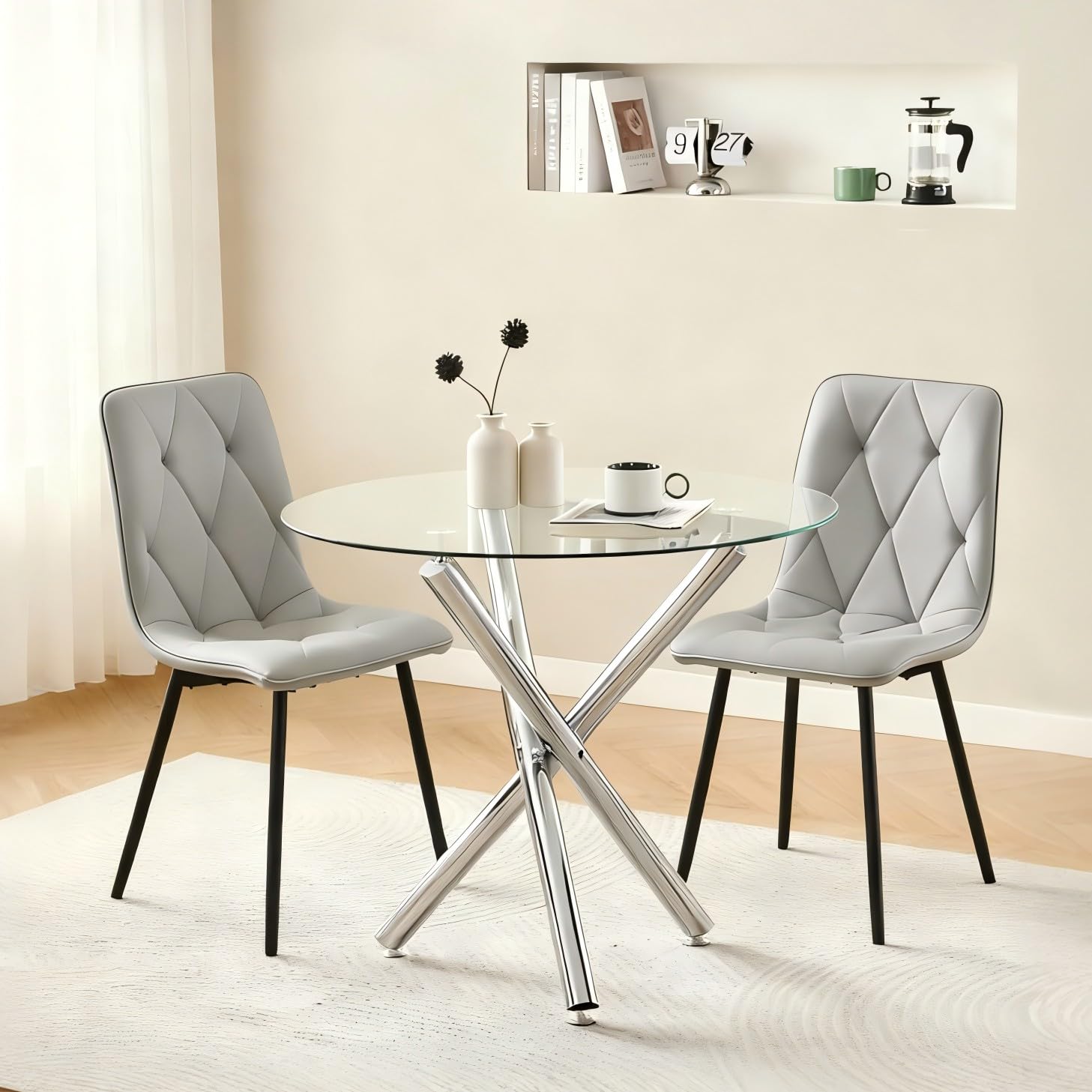 Homullel Round Dining Table and Chairs Set 2 Seater Kitchen Dining Set, 3 Pieces Table & Chairs Dinner Table Set for 2 (90cm Glass Table with 2 Chairs, Pu Diamond Dark Grey) โ image 1