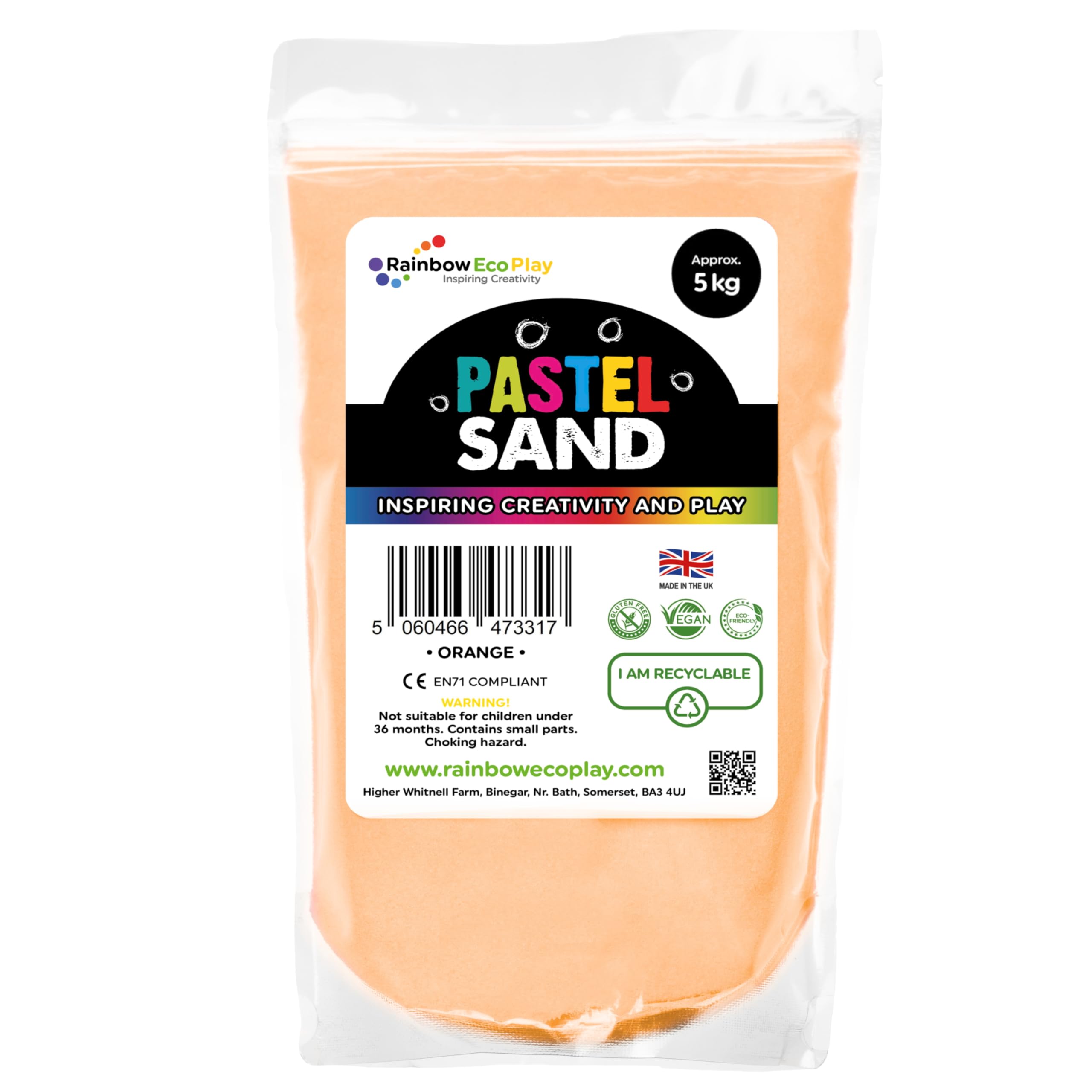 Rainbow Eco Play – Coloured Decorative Craft Sand - Pastel - Natural Play Sand - Sand Art Kits for Kids - Children Play Sand – Orange - 5kg