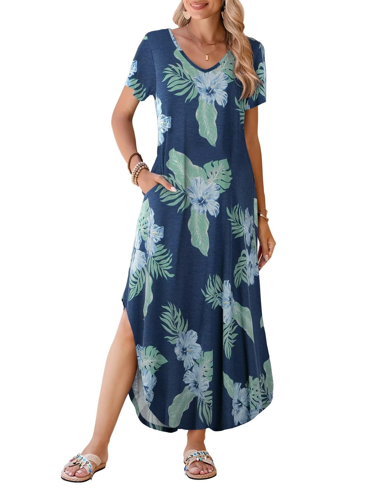 BELAROI Womens Plus Size Maxi Dresses Summer T Shirt Dress Casual V Neck Short Sleeve Long Dress Loose Fit Pockets Split