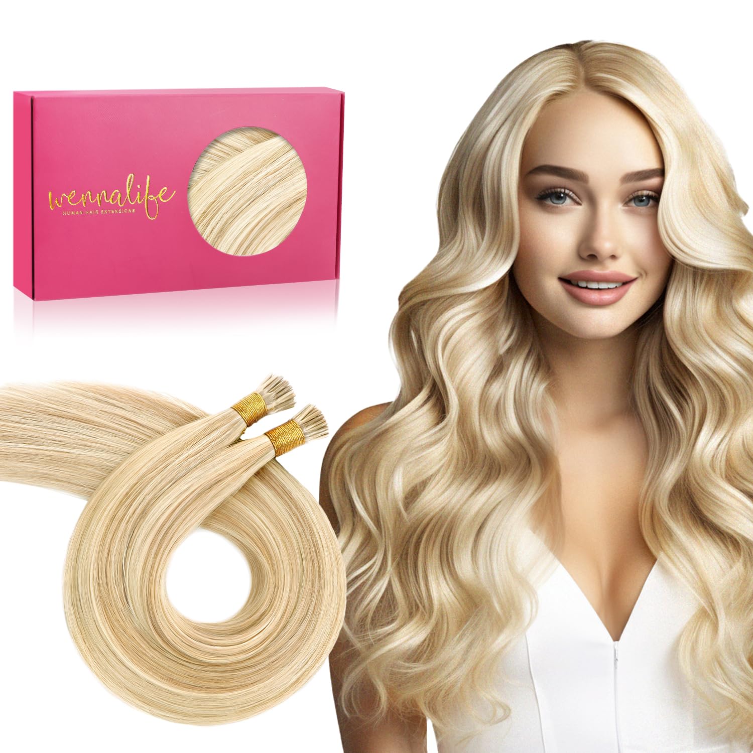 WENNALIFE I Tip Hair Extensions Human Hair, 50g 50s 20 Inch Dirty Blonde Highlighted Bleach Blonde Remy Itip Human Hair Extensions Invisible Itips