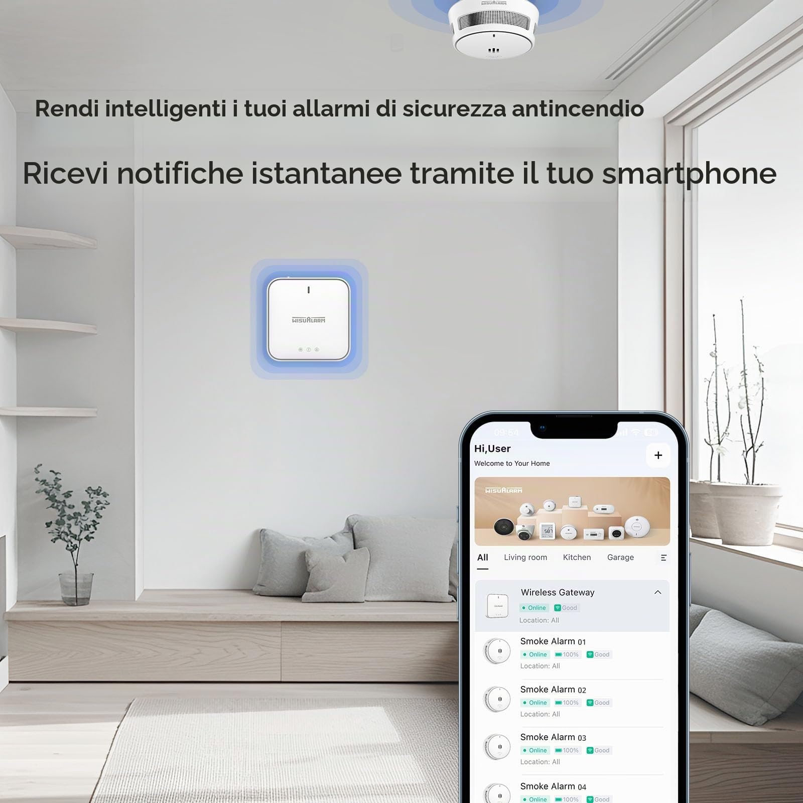 Wisualarm Rilevatore di Fumo Intelligente (con Gateway), Rilevatore di Fumo Connesso per uso Domestico, Notifiche dell'app Wisualarm, Conforme alla Norma EN14604 (5 rilevatori di fumo + 1 gateway)