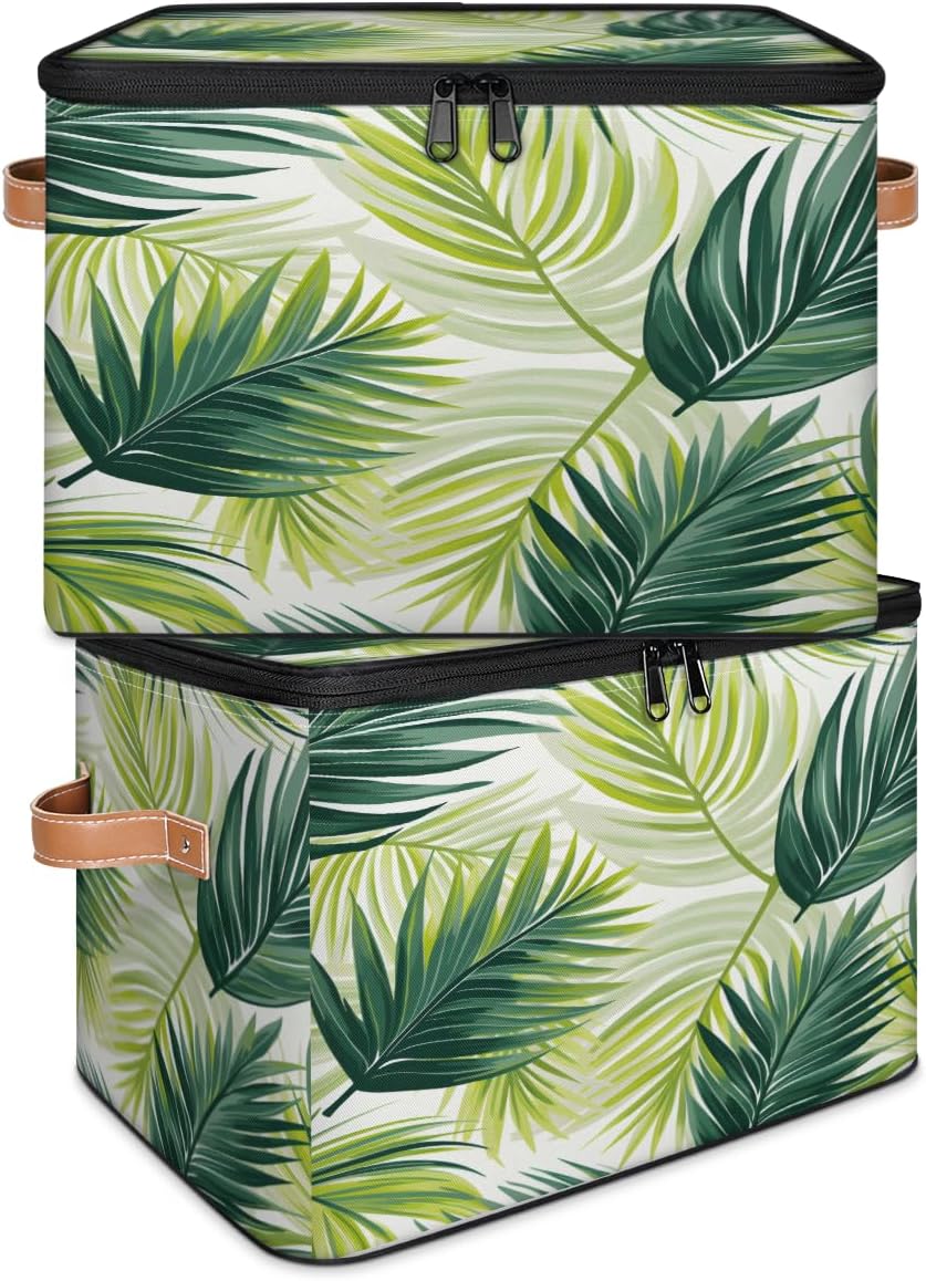 Storage Bin Set of 2 Poppy Green Leaf Storage Basket with Zipper Lid & Handle Foldable Closet Shelf 2 Pack Cloth Organizer Basket Cube Bins for Bedroom, Nursery