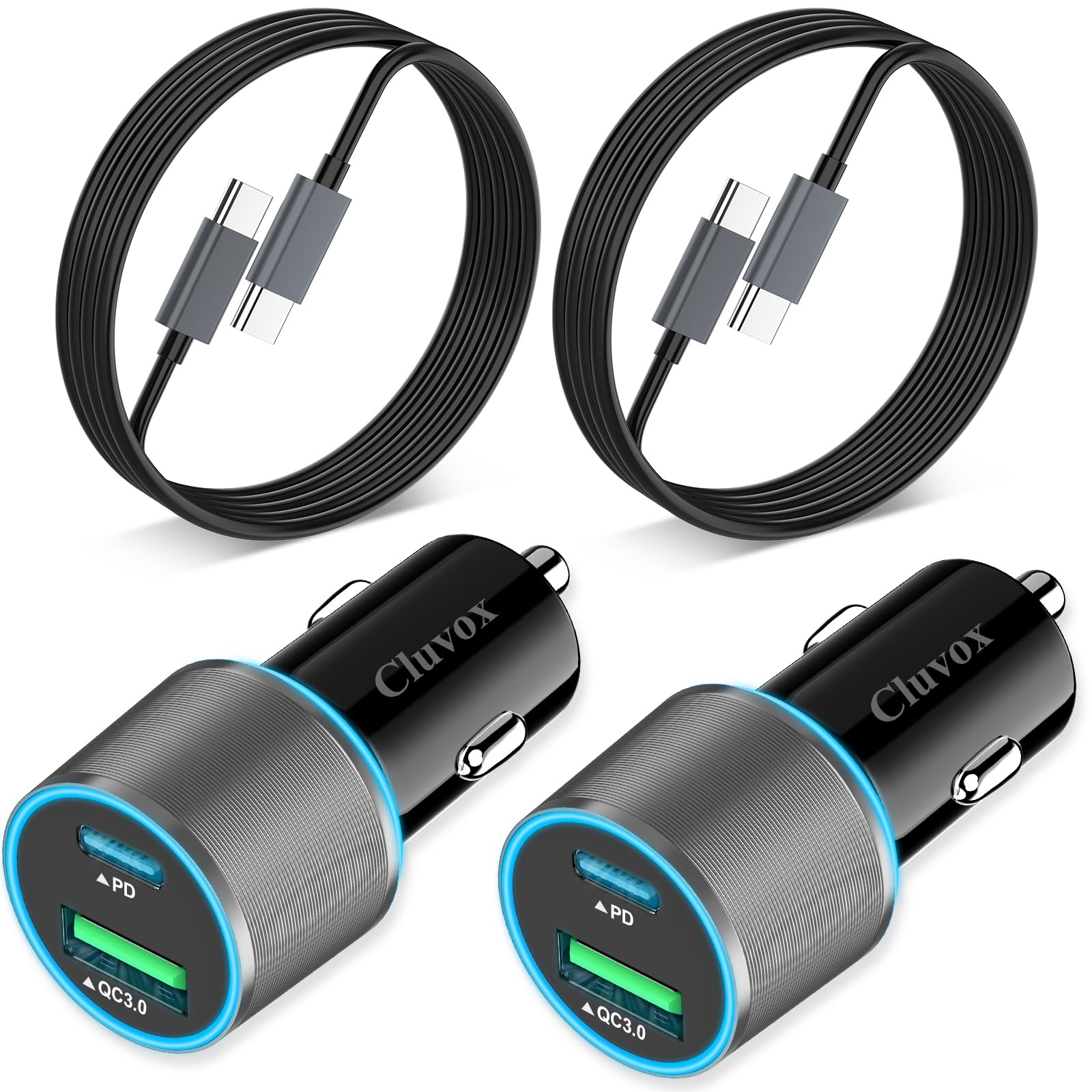 2 Pack 38W USB C Car Charger Fast Charging for iPhone 17/16 Pro/Max/Plus/15/Samsung Galaxy S25/S24/Ultra/S23/S22 Dual Port Cigarette Lighter USB Charger[20W PD+18W QC] with 3.3FT Type C Cable- Grey