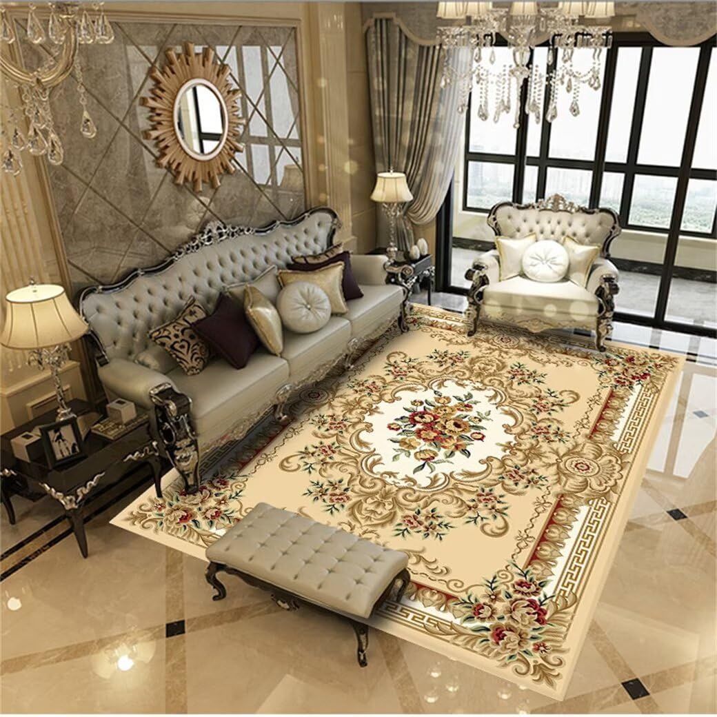 Tapis de salon jaune 120x170cm lavable à motif floral vintage pour chambre