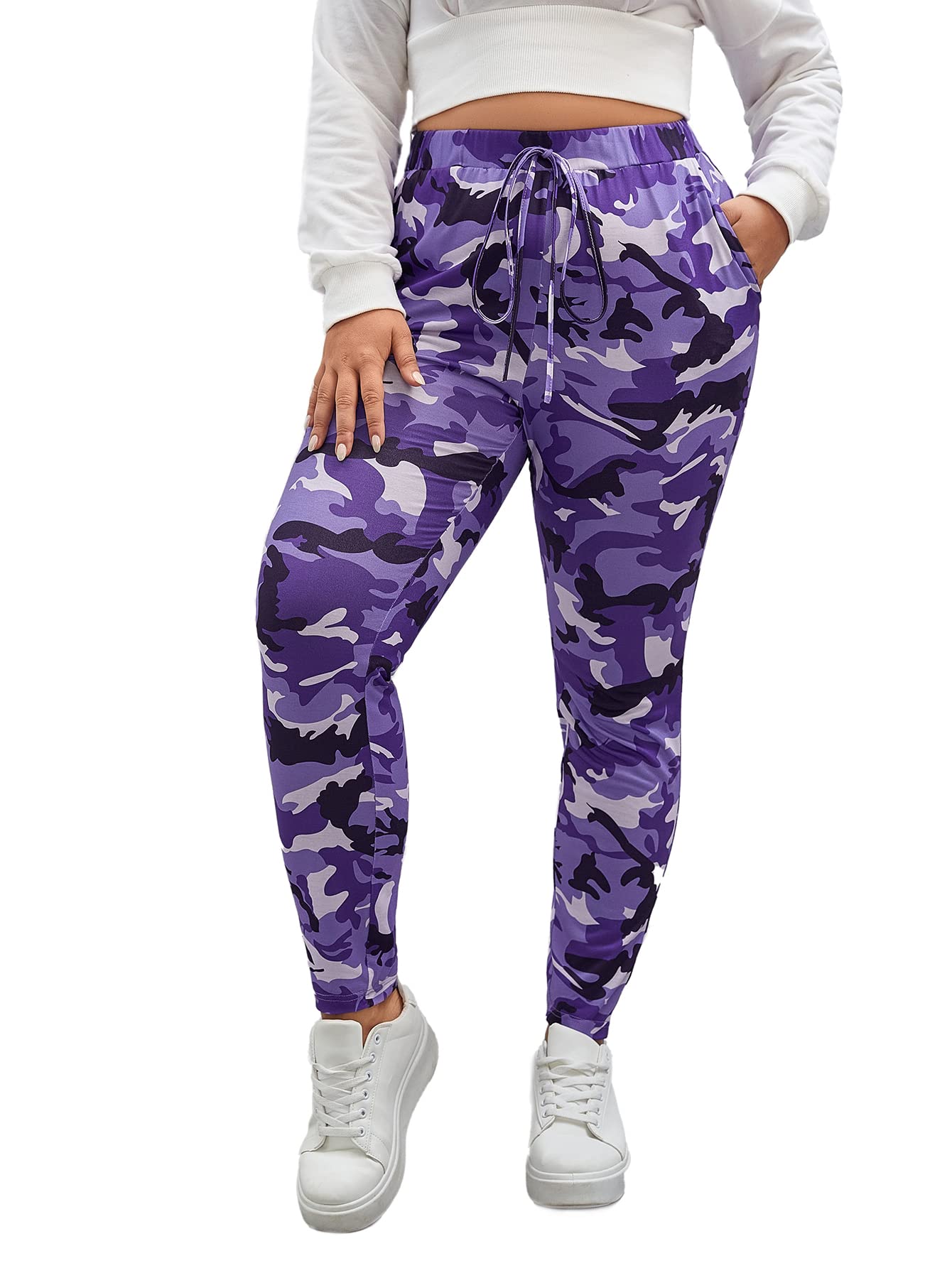 WDIRARA Womens Plus Size Camo Print Tie Front Stretch Skinny Long Pants