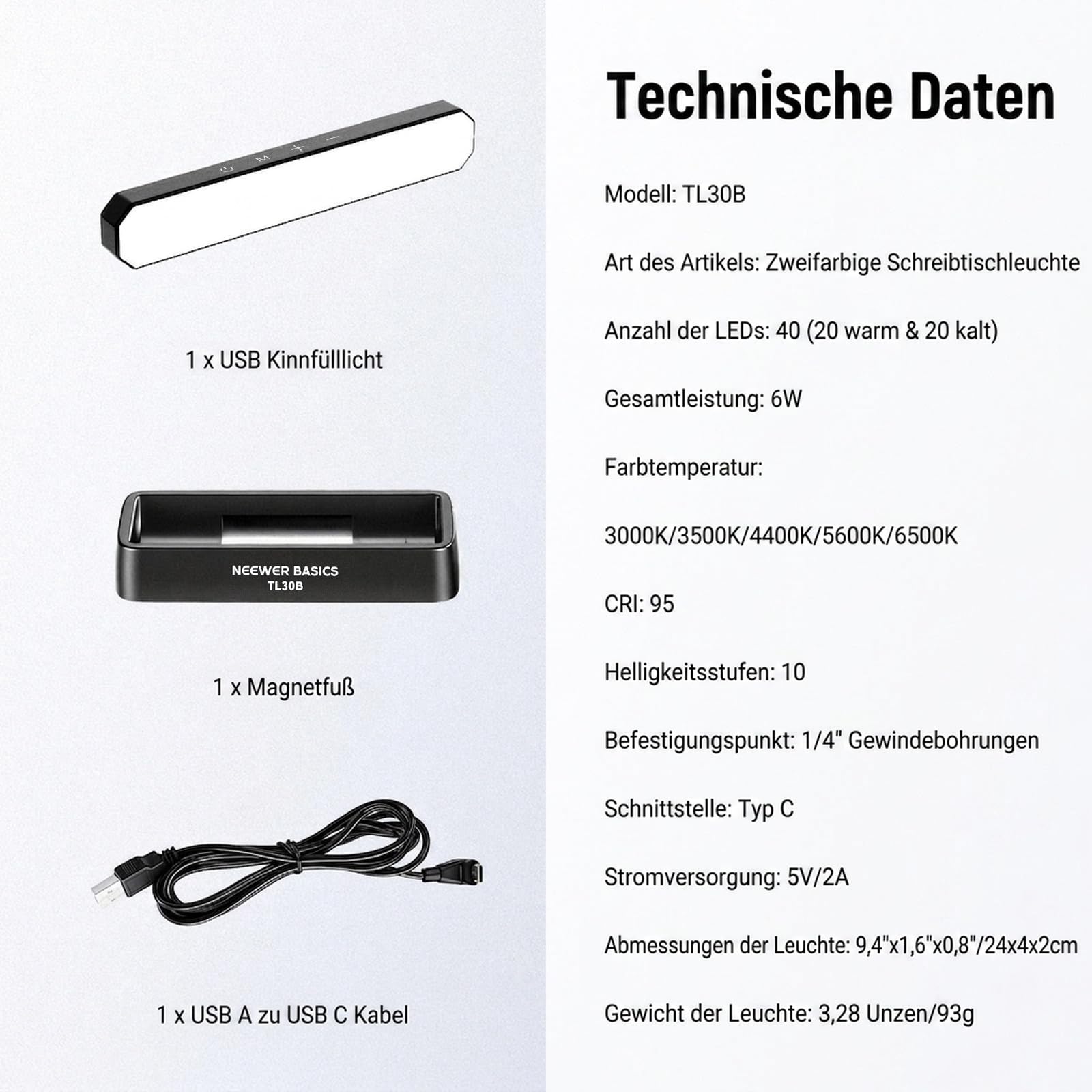 NEEWER Basics LED Kinn Fotolicht CRI95, 6W, zweifarbig, tragbares Tisch Selfie Licht, USB betrieben, für TikTok Streaming, Laptop Videokonferenzen, Stativaufnahmen, Reisen, Makeup, TL30B