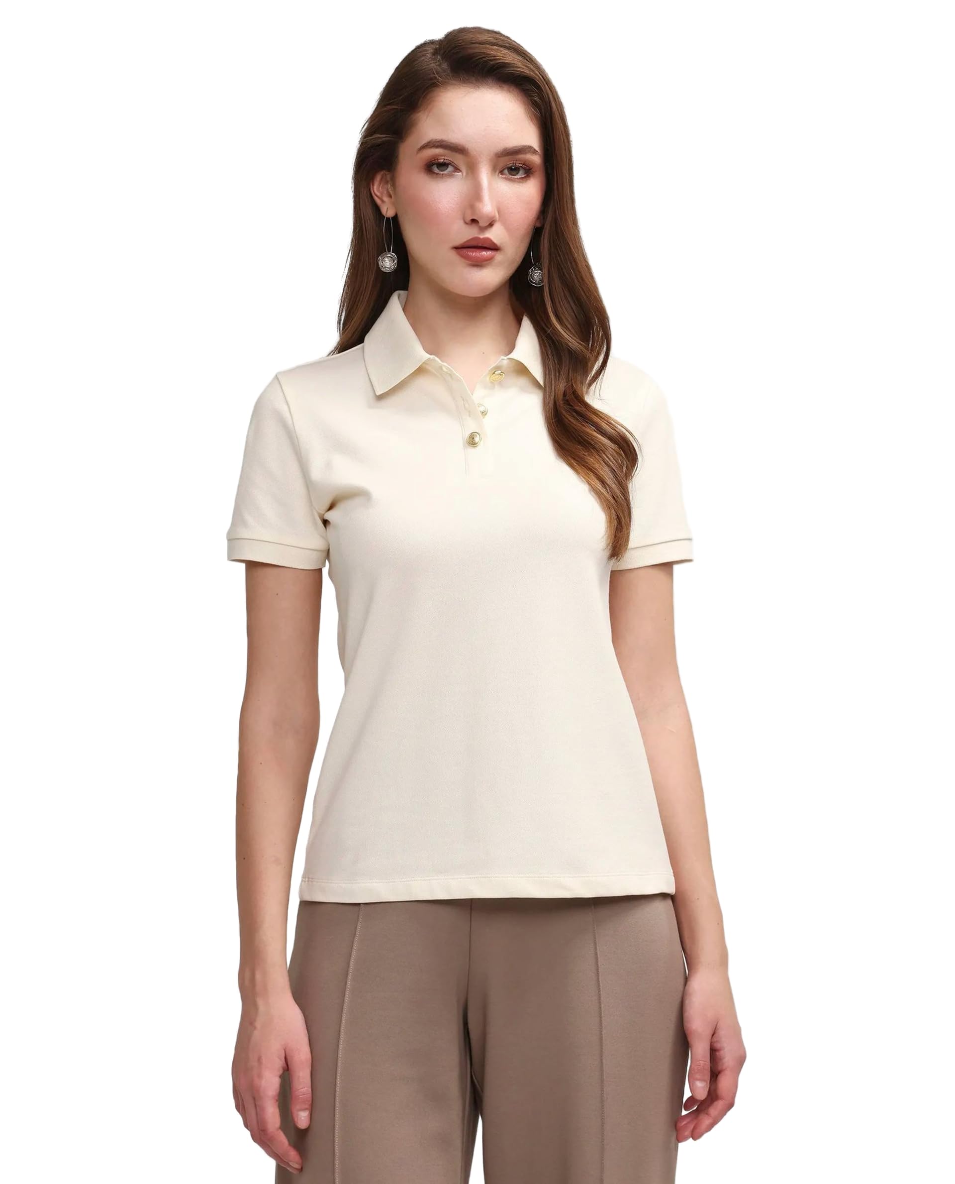 Regular Solid Off White Cotton Blend Short Sleeve Polo-image-40