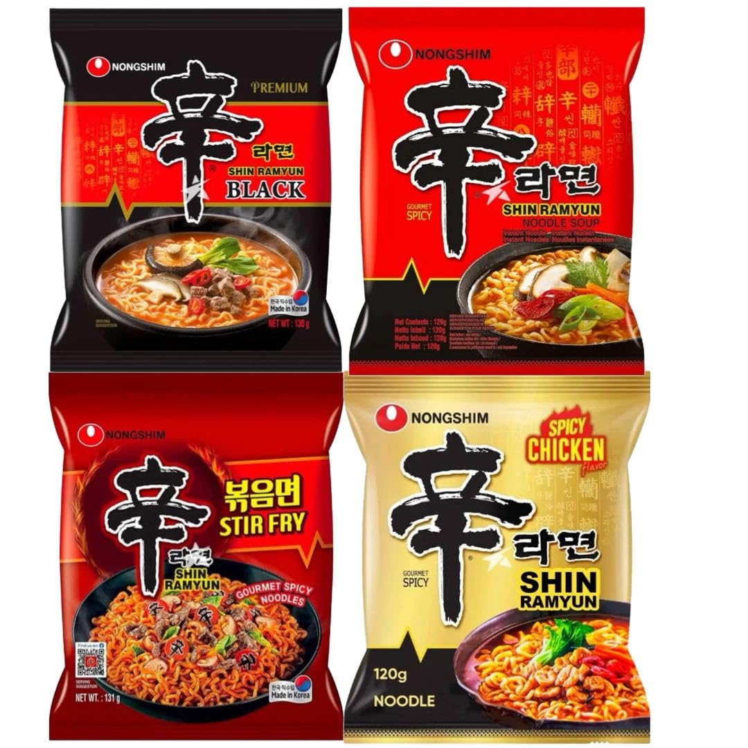 Nongshim SHIN Ramyun Korean Ultimate Spicy Ramen Bundle - Original, Red, Black, Kimchi & Stir Fry Noodles (Shin, Black, Stir Fry & Spicy Chicken)