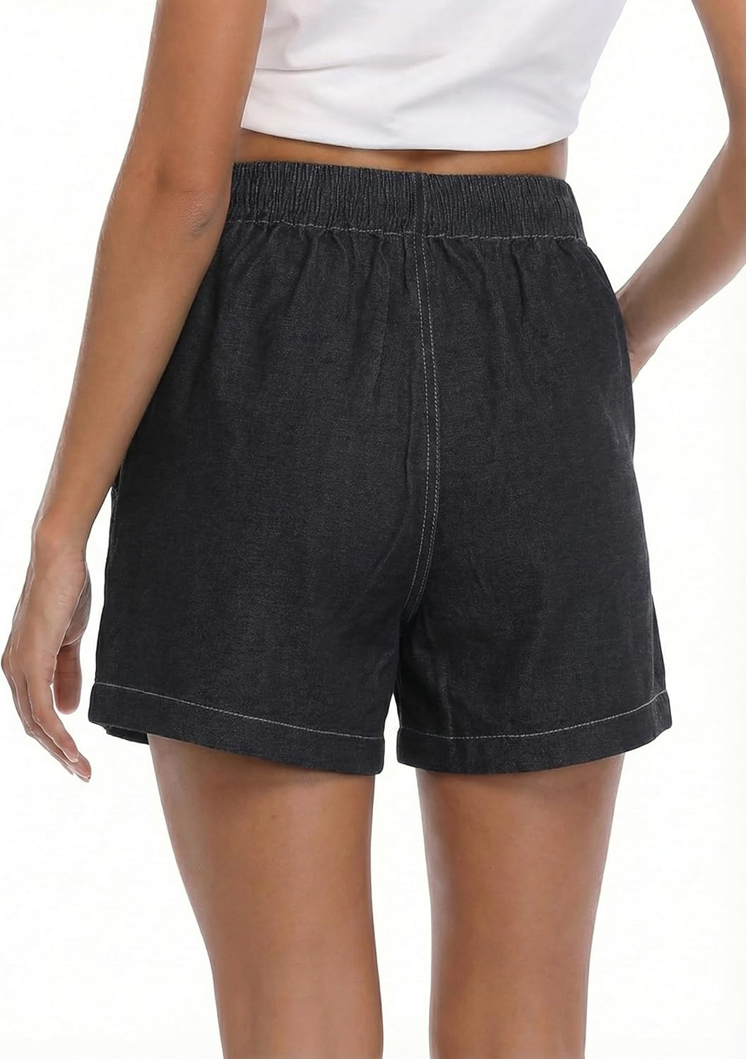 Fuinloth Women's Faux Denim Shorts, Elastic Wasit Mid Rise Loose Fit with 2 Front Pockets, Stretchy Jeans Short Pants