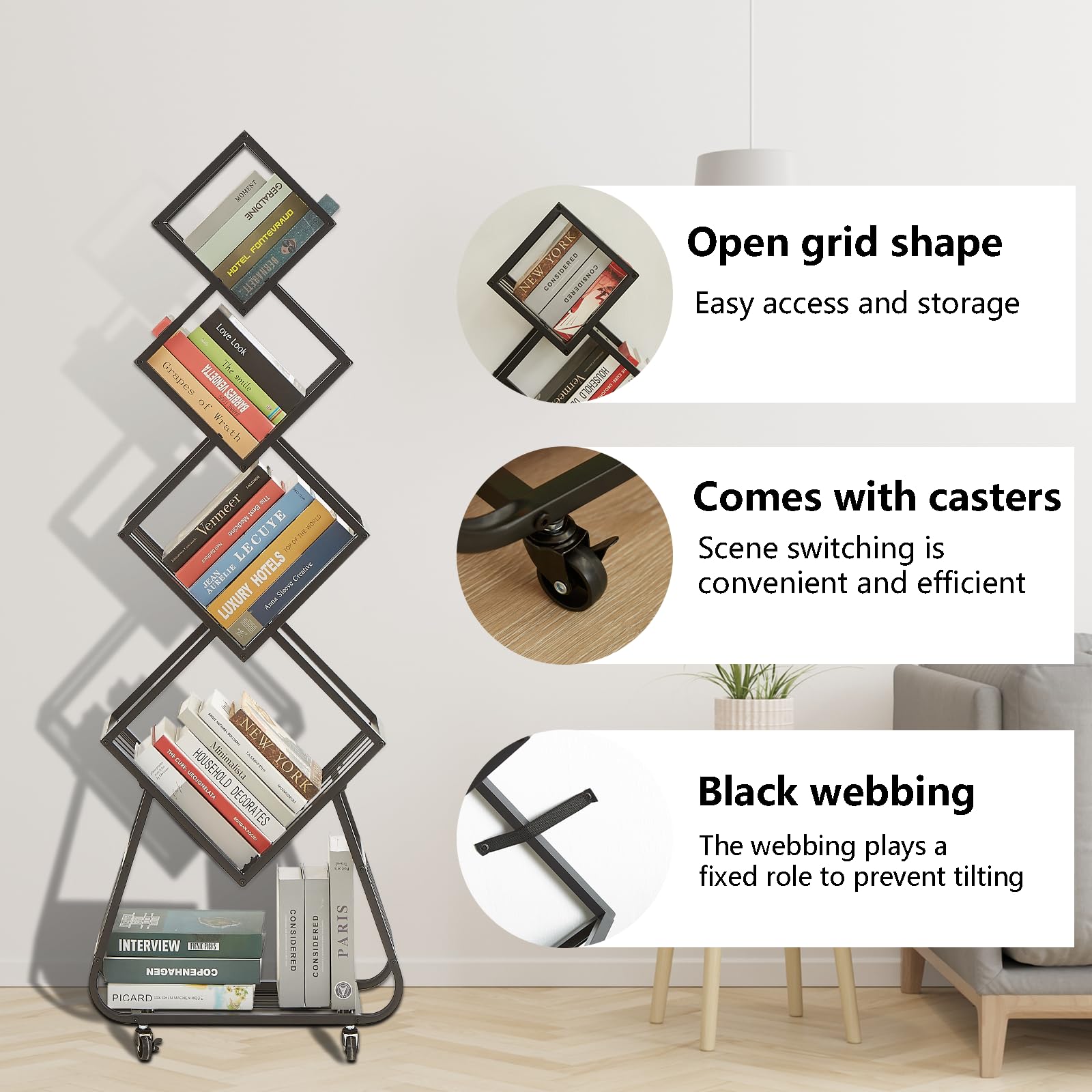 Flyerständer, Prospektständer mit 5 Ebenen, Metall Regal Platzsparend, Prospekthalter Mit Rollen, Metallregal Schwarz Für Büros und Messen, 54 x 22 x 153 cm (Black)