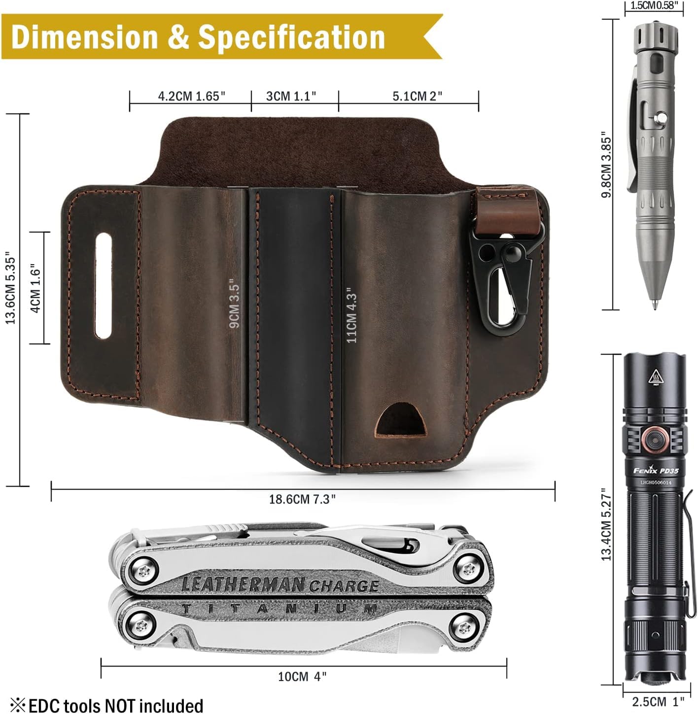VIPERADE PJ29 EDC Guaina in pelle, Multitools Guaina/Strumenti Fondina/Coltello Cintura Guaina/Torcia Guaina per Multitools/Coltelli Guaina, Handmade 3 Tasche Organizer Guaina