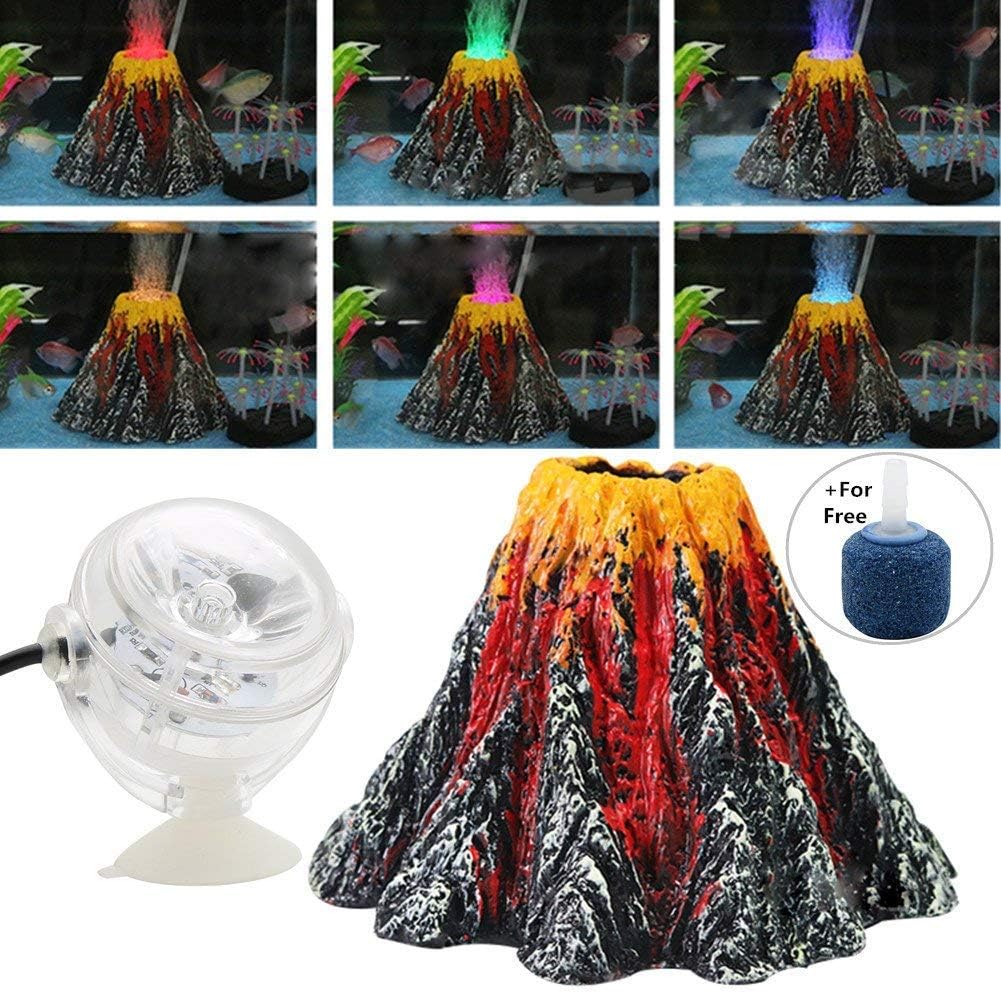 BSGP Aquarium Volcano Ornament Kit Air Bubbler Stone Colorful LED Spotlight for Aquarium Fish Tank Decorations, Large Size