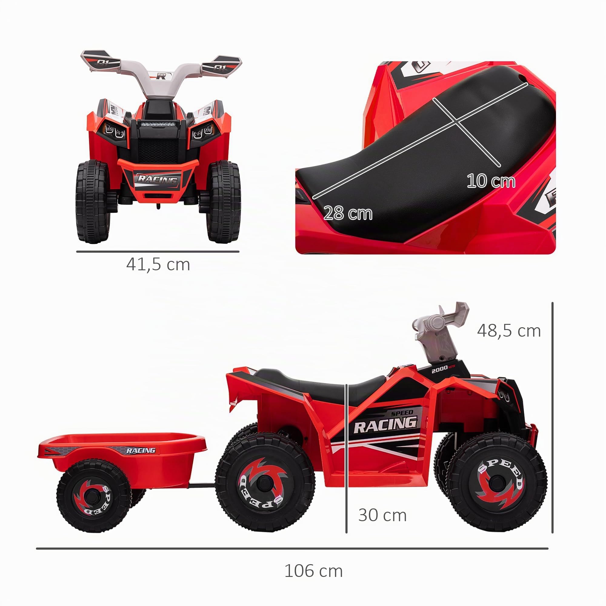 HOMCOM Quad électrique pour Enfants 6V avec remorque, 1.5-3 Ans, Rouge