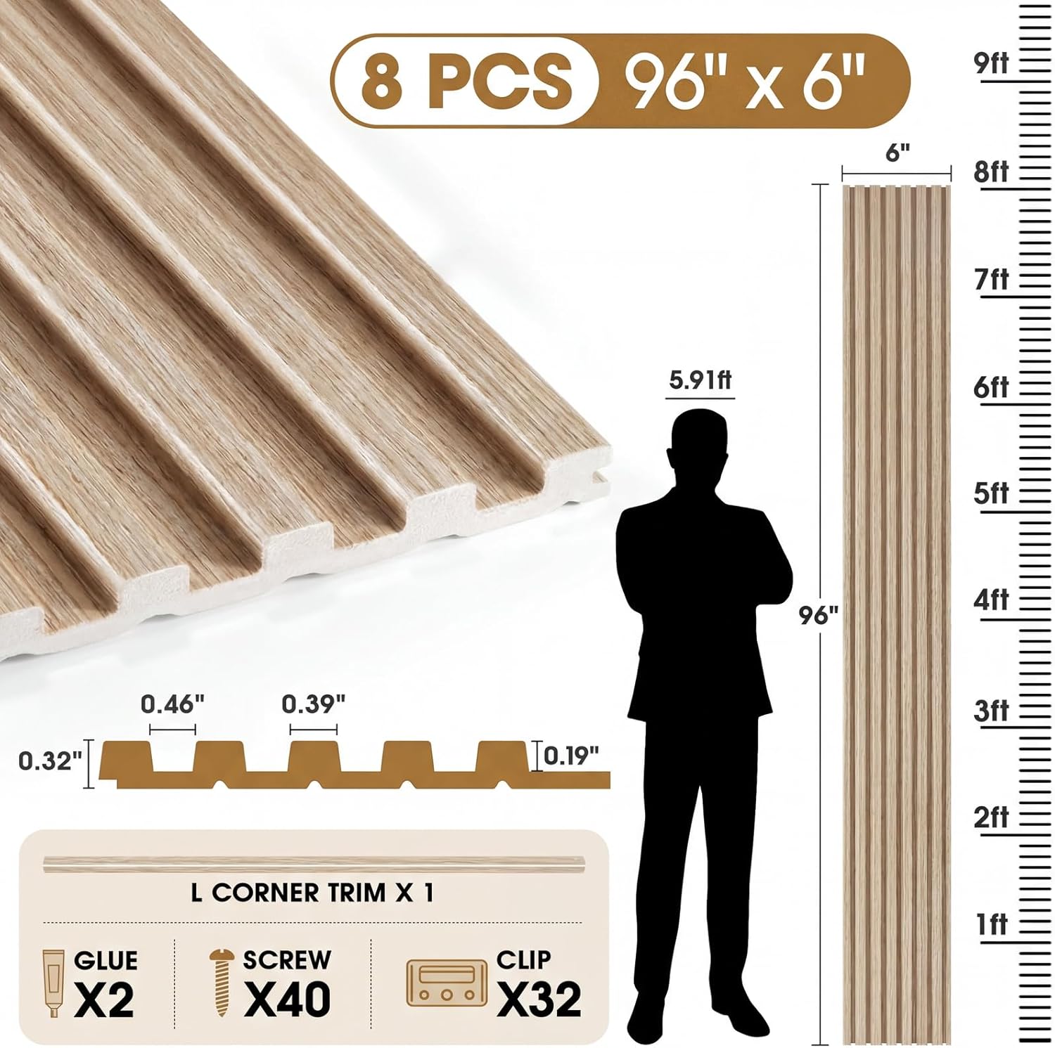 WPC Acoustic Slat Wall Panels 8-Pack 96'' x 6'', Accent 3D Wall Panel for Interior Wall Decor, Waterproof Fluted Textured Panel Wall Slats,Solid White Oak (Cover Approx.32 sq.ft)