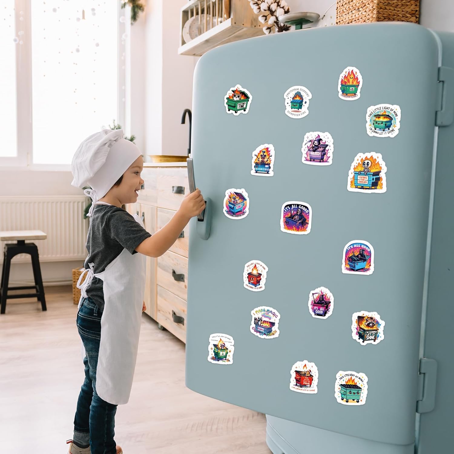 AFRITEE Funny Dumpster Fire Stickers - 50 Pcs Emotional Support Dumpster Fire Bulk Vinyl Sticker, Cute Skeleton Raccoon Waterproof Decal for Journal Water Bottle Laptop Bumper Decor Gift for Kid Teens - Image 5