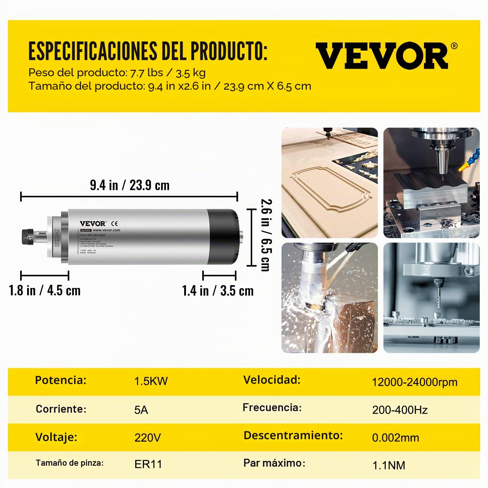 VEVOR Motor de Husillo Refrigerado por Aire de 1,5 KW Fresado, Motor de Husillo Refrigerado por Viento de 220 V, Motor de Giro Refrigeración por Aire 400 Hz Diámetro de 65 X 205 mm de Alta Potencia