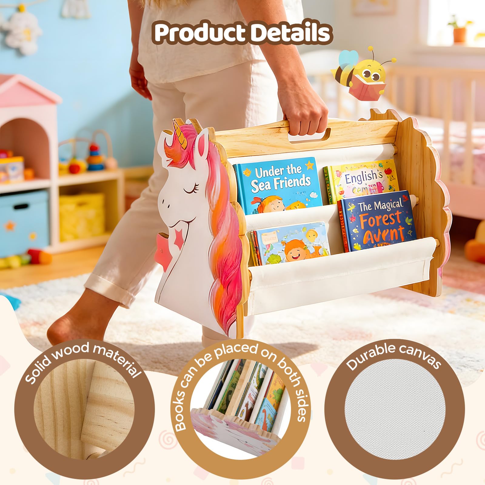 Libreria per bambini in legno a 2 ripiani, Libreria Montessoriana per Bambini, Scaffalatura Espositore da Cameretta, organizer per libri con maniglia, scaffale organizer per Cameretta e Stanza (02)