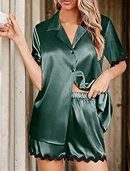 Pijama de seda feminino, manga curta, cetim, conjunto de duas peças, roupa de dormir macia