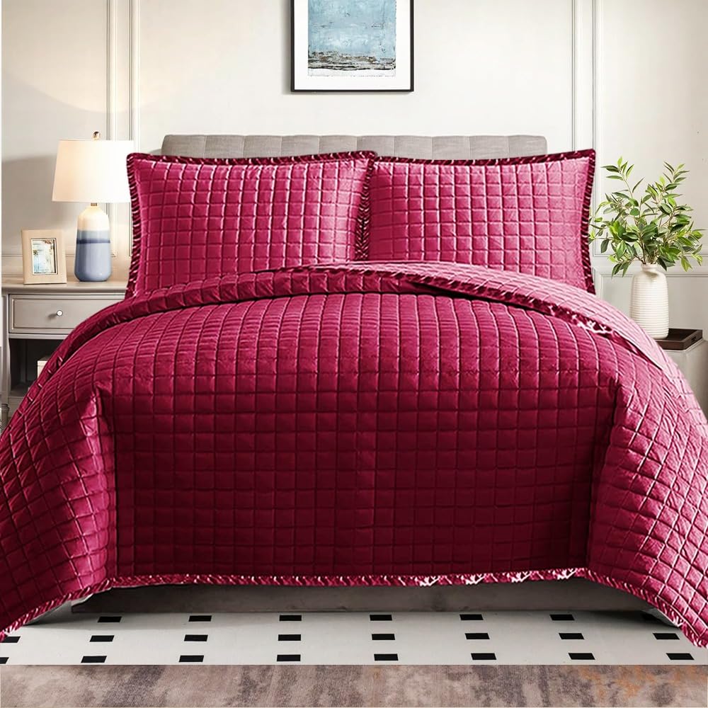 Rugs Inn Osaka Quilt Bedspread Throw - Luxury Quilted Embossed Pattern Reversible Bed Cover Bedding Set 3Pcs Bed Throws with 2 Pillow Case (Osaka Red, Super King)