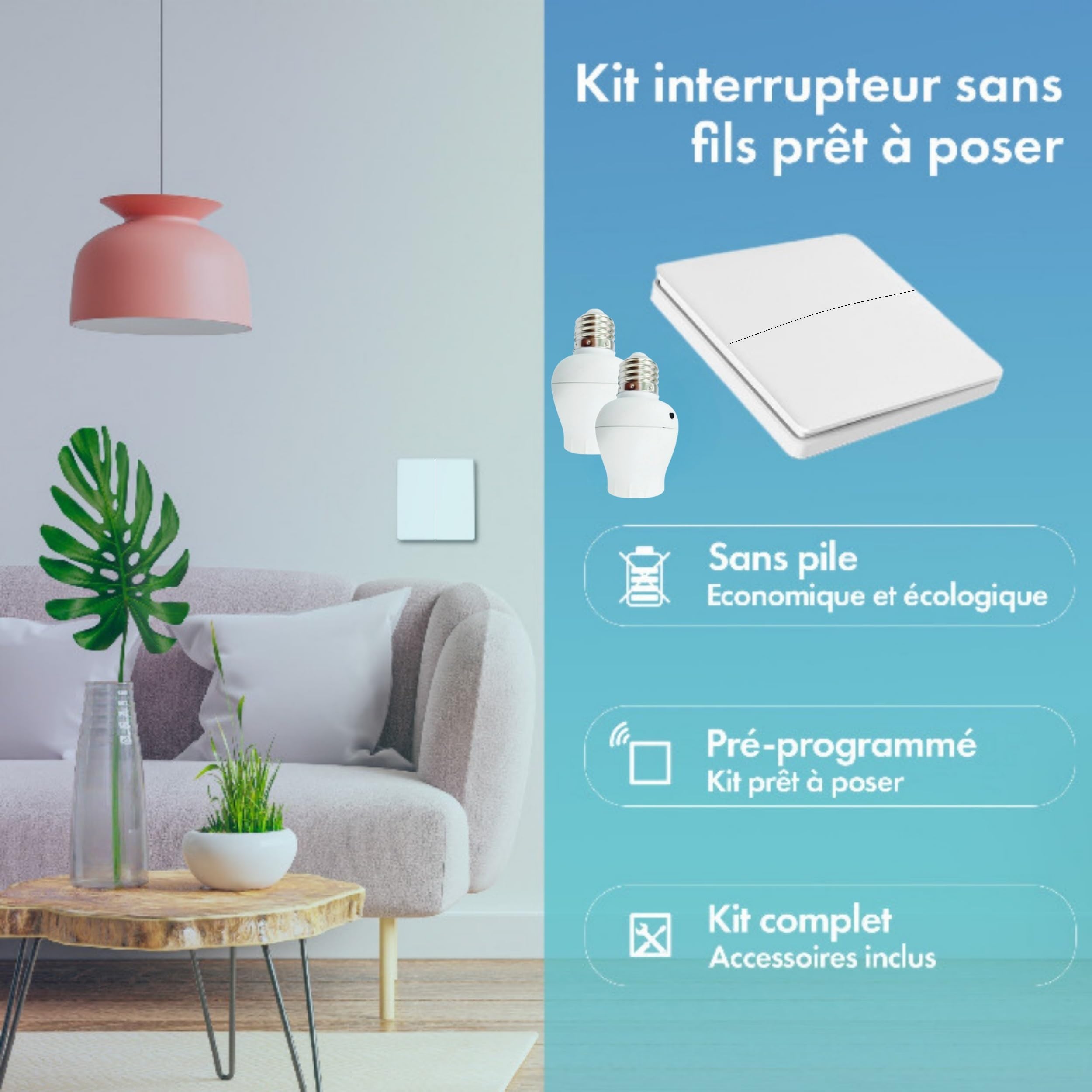 Interrupteur sans fil et sans pile Auto alimenté - Écologique - Qualité Pro - Va et vient RF 4 télécommandes double allumage + 2 douilles adptateur radios à vis E27