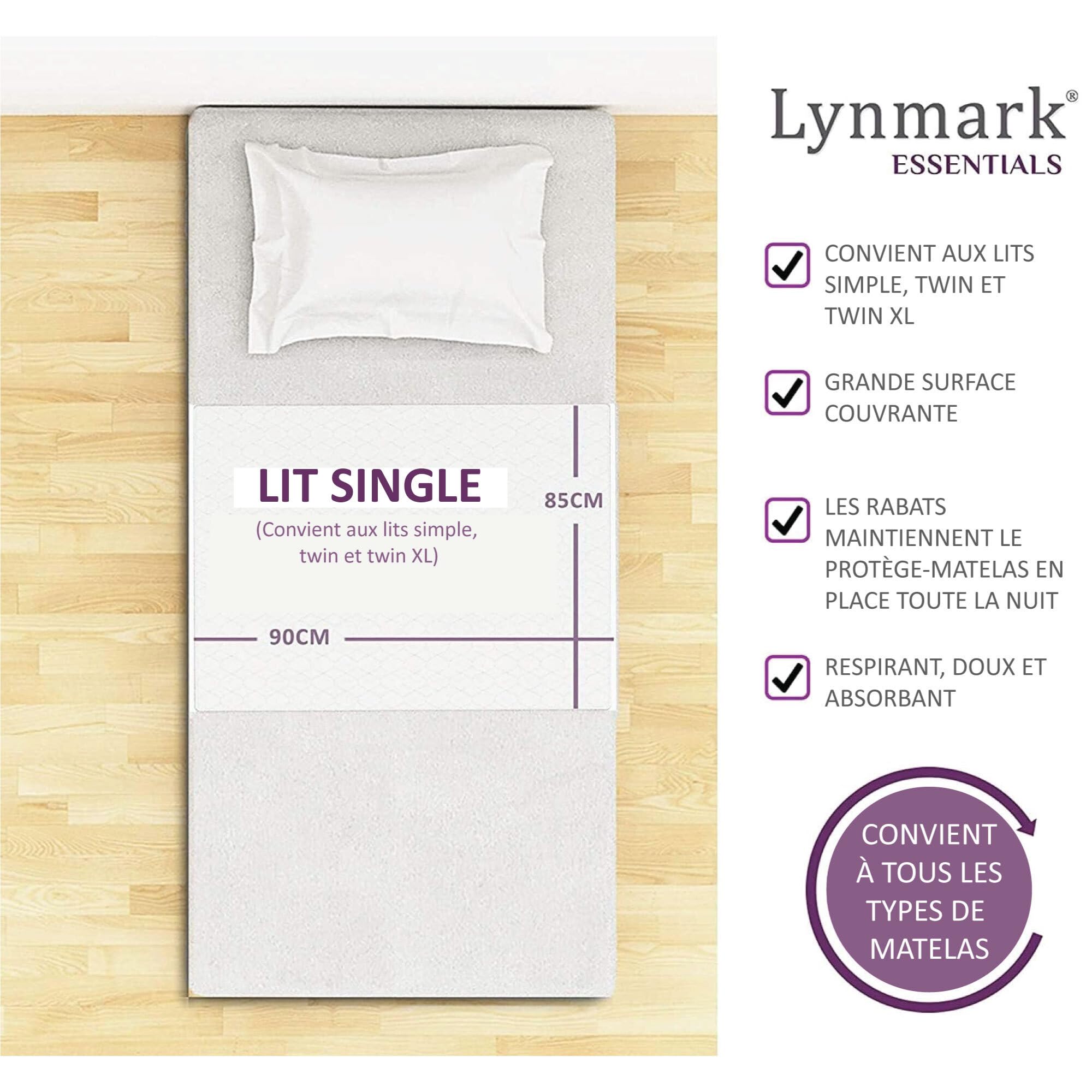 Lynmark® Protège Matelas Imperméable avec Rabats À Glisser – Couverture Imperméable pour Incontinence Absorbant Jusqu’à 2 litres – Protection Matelas en Coton pour Lit Simple - 90 x 85 cm, Blanc