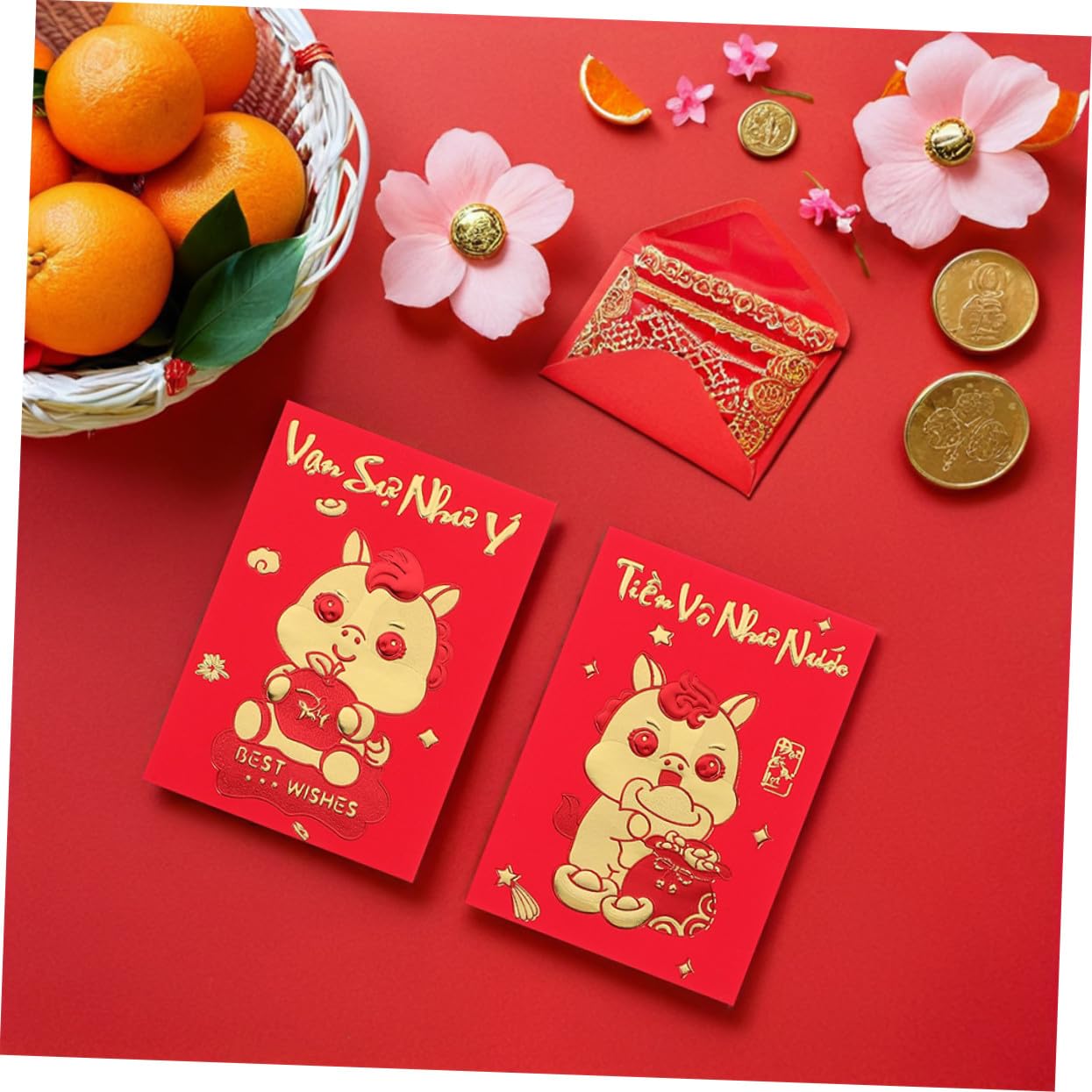OSALADI 360 Sztuk Sztuk Kreatywnych Kopert Czerwonych Hong Bao Rok Konia z Tekstem Wietnamskim Trwałe Koperty Lunar Year Festival Rodzinne i Korporacyjne Uroczystości