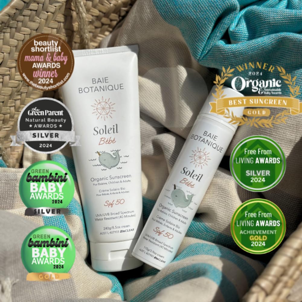 Baie Botanique NOVITÀ - Soleil Bébé - Crema solare minerale biologica non tossica per neonati e bambini SPF 50 - Girasole e jojoba - Senza profumo - Naturale - Vegano - Senza dominante bianca - Sicuro