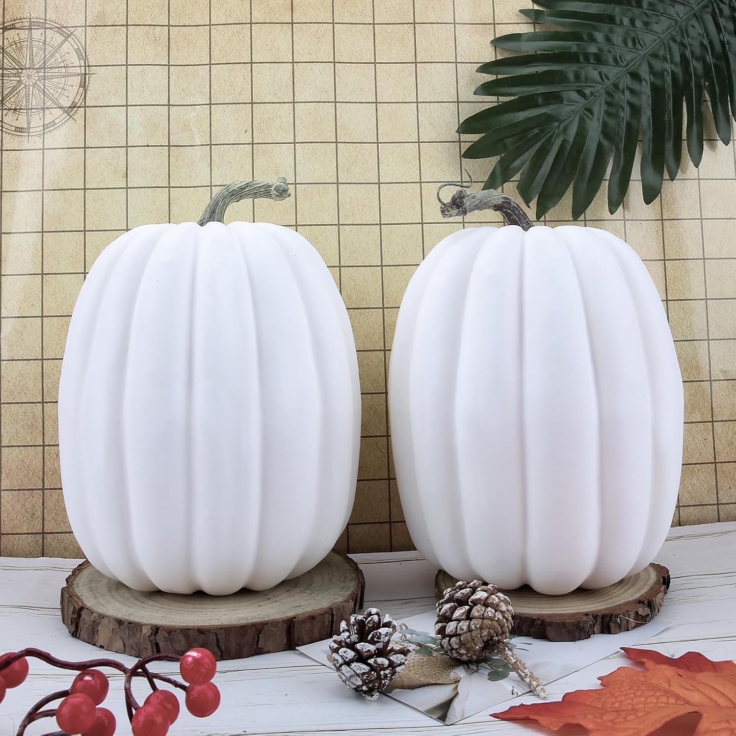 WESAPPINC Artificial Pumpkins,2PCS White Fake Pumpkins Large Faux Pumpkins for Autumn Thanksgiving Halloween Seasonal Holiday Decor Decoration (2pcs Big White Pumpkins)