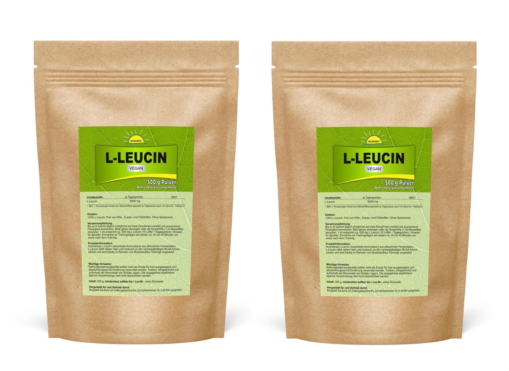 L-Leucin (Aminosäure), vegan, 1 kg (2 Beutel à 500 g), Premiumqualität ohne Zusatzstoffe