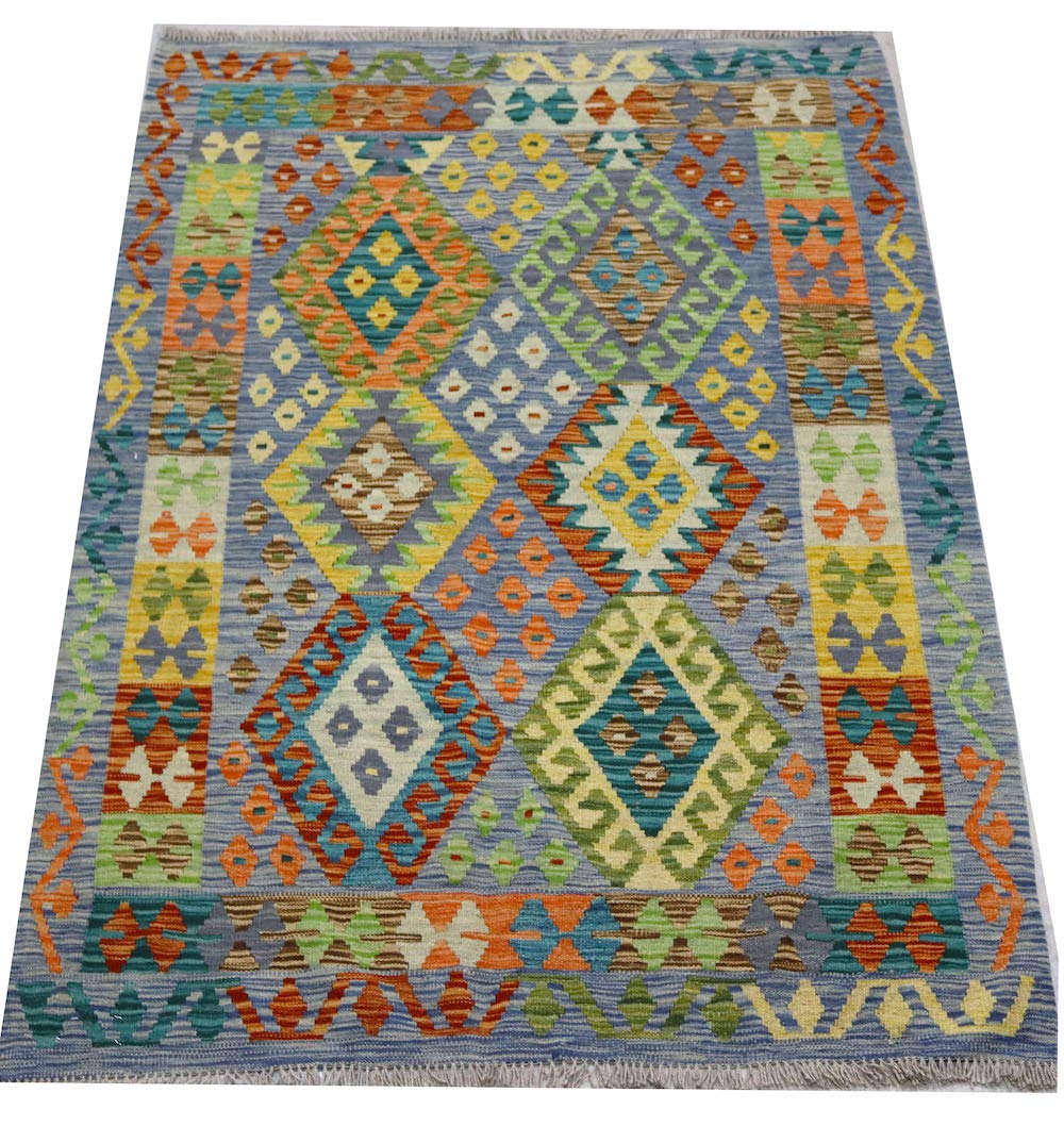 Rugstore-Outlet Genuine Afghan Kilim Rug Blue Multi Coloured Wool Handwoven Coffee Table Size Rug 130x174cm