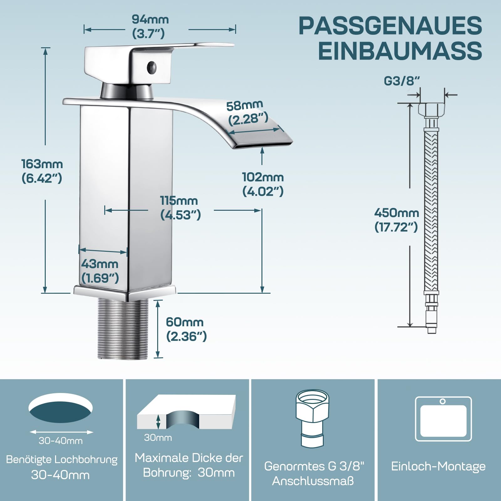 Robinet de lavabo cascade pour lavabo de salle de bain - Mitigeur monocommande - WC d'invités - Hauteur : 110 mm - Chromé