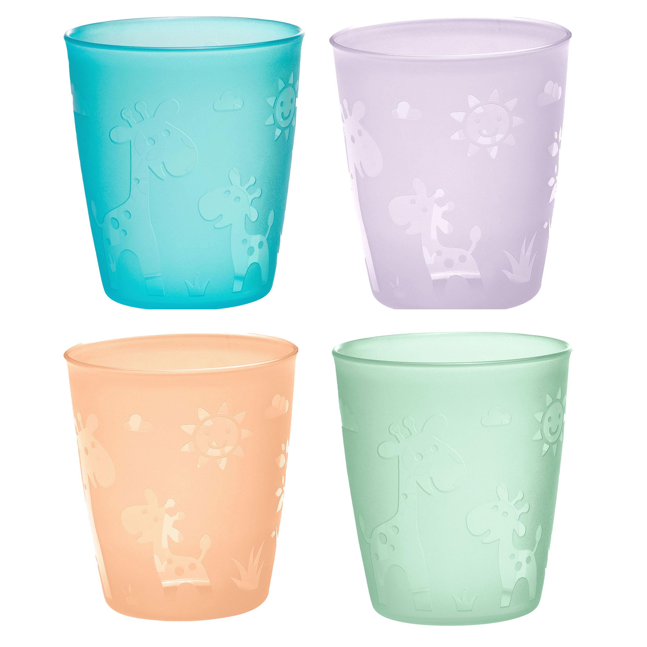 nip Cups for Baby & Toddler Ages 1+ | Set of 4 | Shatterproof, Microwave & Dishwasher Safe, BPA Free, Melamine Free, Giraffe, Green/Orange/Purple/Turquoise