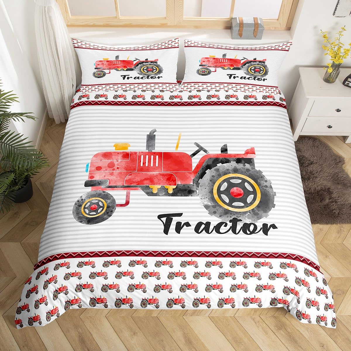 Red Tractor Kids Duvet Cover Set Double Size, Cartoon Truck Grey Stripes Bedding Set for Boys Girls Adults Bedroom Decor, Construction Comforter Cover, Soft Polyester Quilt Cover, 2 Pillowcases โ image 1