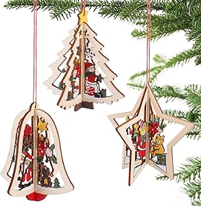 Partybus 3D Wooden Christmas Ornaments 15 Pack, Unfinished Wood Cutouts for Holiday Card Decoration, Xmas Gift Tags for Kids Art & Craft DIY, String Pre-Tied Slices Rustic Coaster Décor
