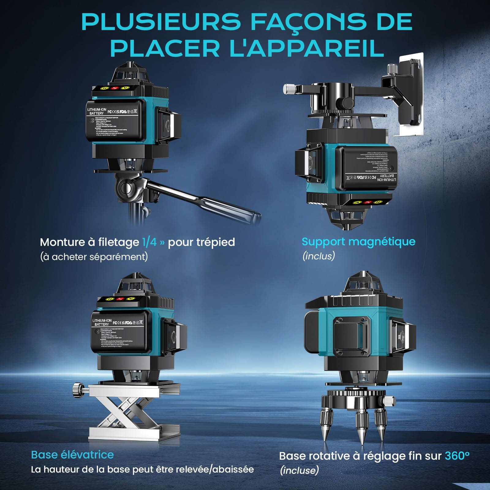 Niveau Laser Chantier Autonivelant 360° x 4, Lazer Niveaux 4D 16 Lignes Laser, Autonivellement et Mode Pulsé Extérieur, 2 x Batterie, Nivellement Automatique, Support Rotatif, Télécommande