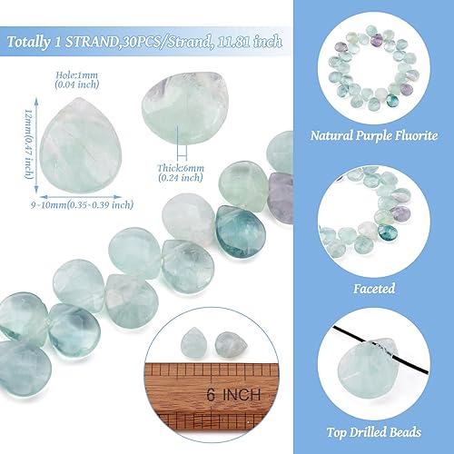 Miniatura 4 de Craftdady 27 cuentas de fluorita natural en forma de lágrima facetada, piedras preciosas de cristal curativo con energía perforada, cuentas sueltas
