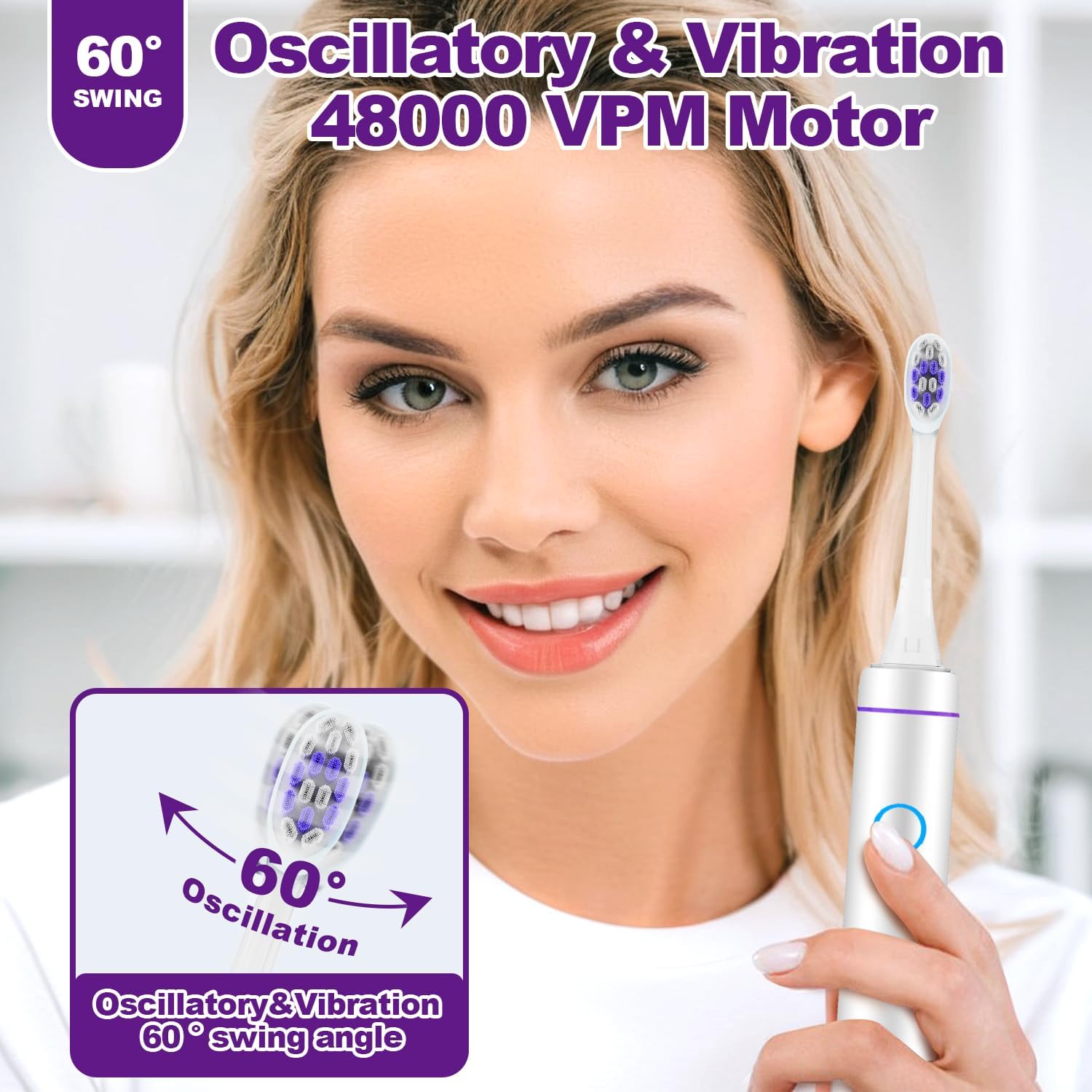 Spazzolino elettrico in metallo con modalità UV, vibrazione e oscillazione, spazzolino elettrico per adulti e adolescenti, 6 testine e custodia da viaggio, 5 modalità e timer, una carica dura