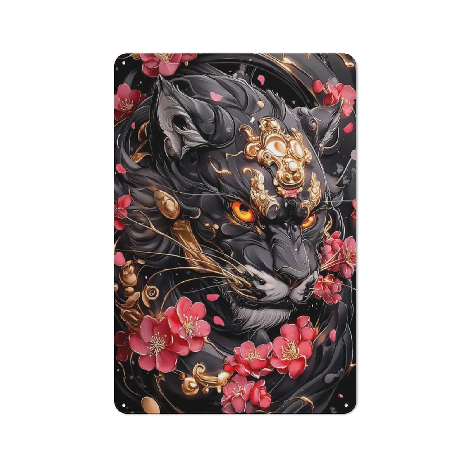 Junmoney Style-6 Decorative Metal Plaque With Black Panther With Gold Accents Design 30X20cm, Casual Utility Space Decor For Patio Bar, Workshop, Shed Or Kitchen