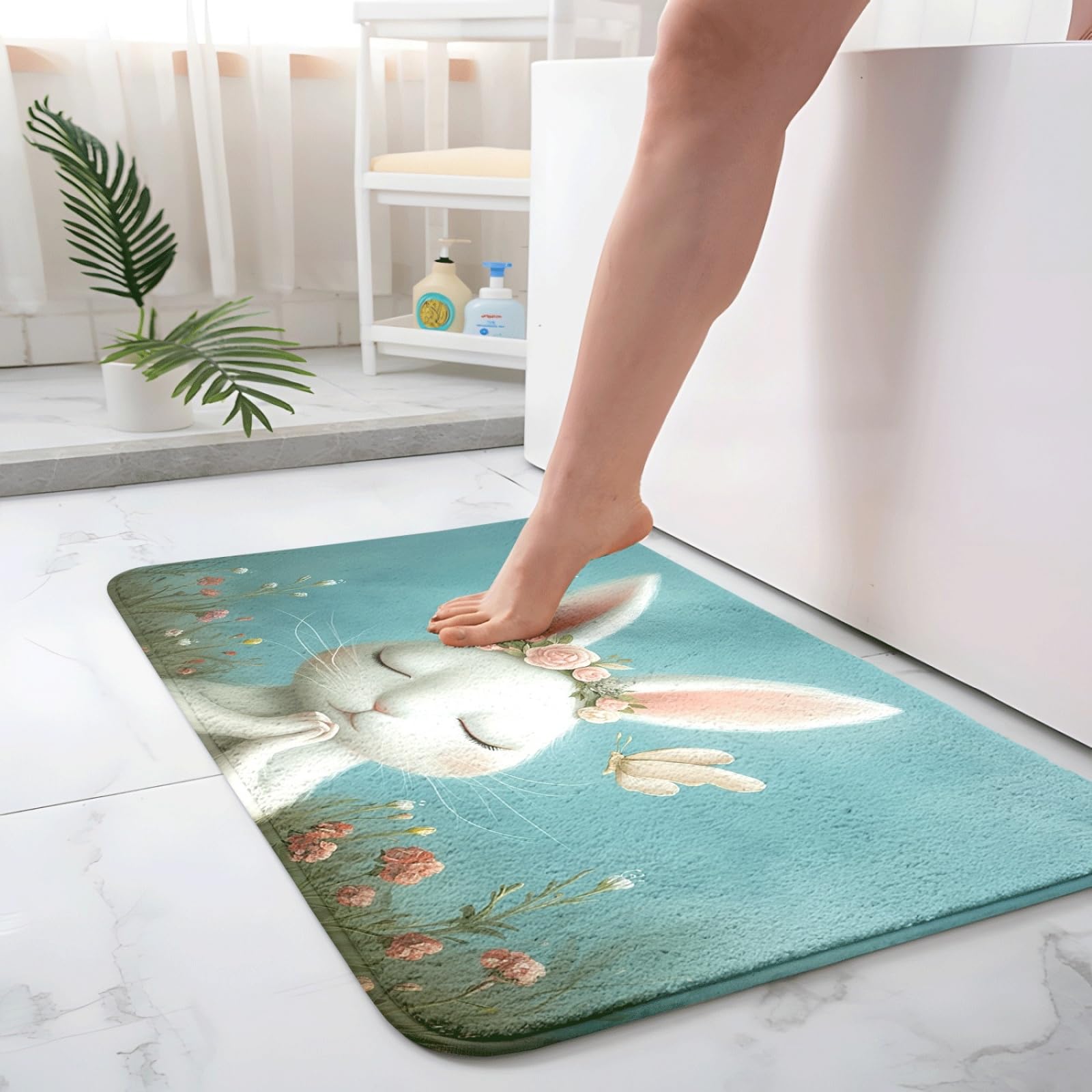 Alfombra De Baño 50X80Cm Conejo Blanca Alfombras Baño Antideslizante,Microfibra Absorbente Alfombrilla,Lavable A Máquina,Suave Y Acogedora,para Dormitorio Sala Estar