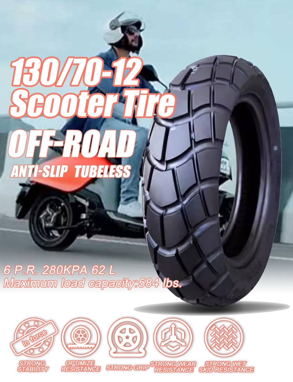 130/70-12 Reifen für Roller/Moped, 6 P.R, 280 kPa, max. Tragfähigkeit: 260 kg, 62 l, 130/70/12 Schlauchlos, rutschfeste Lauffläche, verschleißfestes Offroad-Profil
