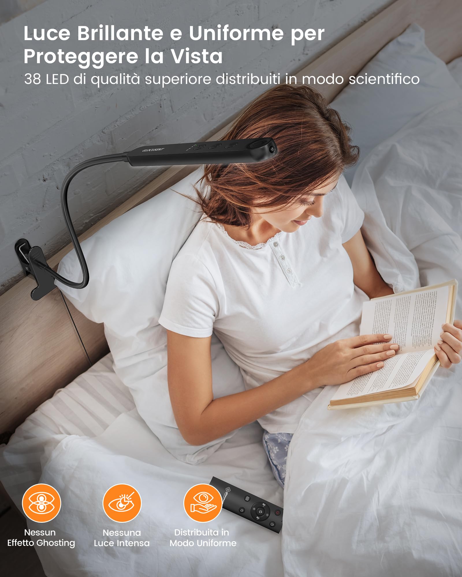Glocusent 38 LED Lampada con Pinza da Letto, Lampada con Morsetto a Protezione Vista, Regolatore Continuo a 5 Colori & 5 Toni, Pinza Braccio Mobile, Perfetto Per Leggere/studiare/lavorare (ferroso)