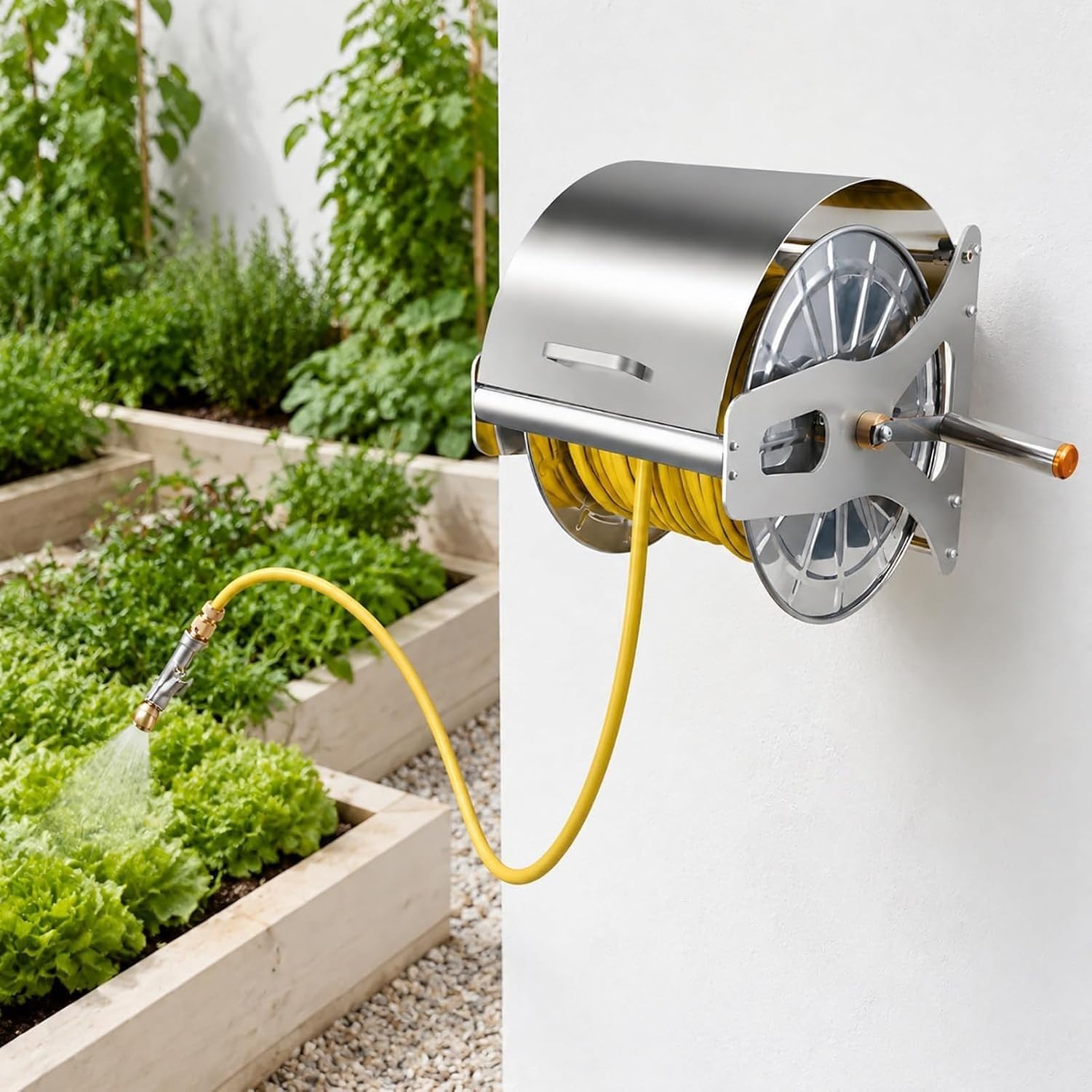 Supporto avvolgitubo da Giardino in Acciaio Inox 304, Parete o Pavimento, avvolgimento Manuale Senza Molla, raccordi in Ottone, e Tubo flessibi, 20m, 20m