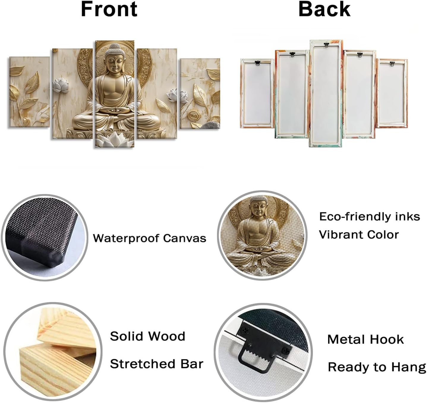 Buddha Canvas Wall Art 5 Piece Zen Wall Decor Buddhism Meditation Picture Flower Leaf Prints for Spiritual Room Living Room Home Decor Framed(Picture-2,8x14inx2 8x18inx2 8x22inx1)