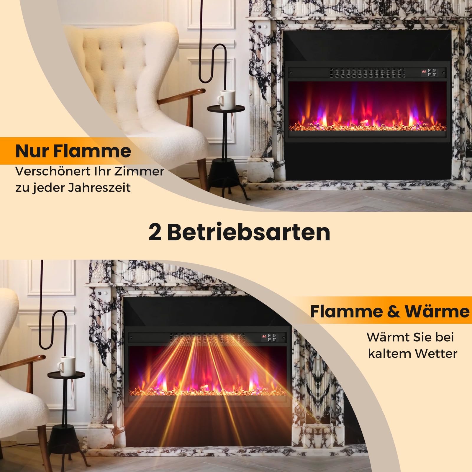 RELAX4LIFE 26" Elektrokamin mit heizung, schwebender Kamin mit LED-Ambientelicht & 3D-Flammeneffekt & Kristall-Glutbett, Deko Wandkamin mit Fernbedienung, 1500 W, 8 Flammenfarben, 9H-Timer, 17℃-32℃