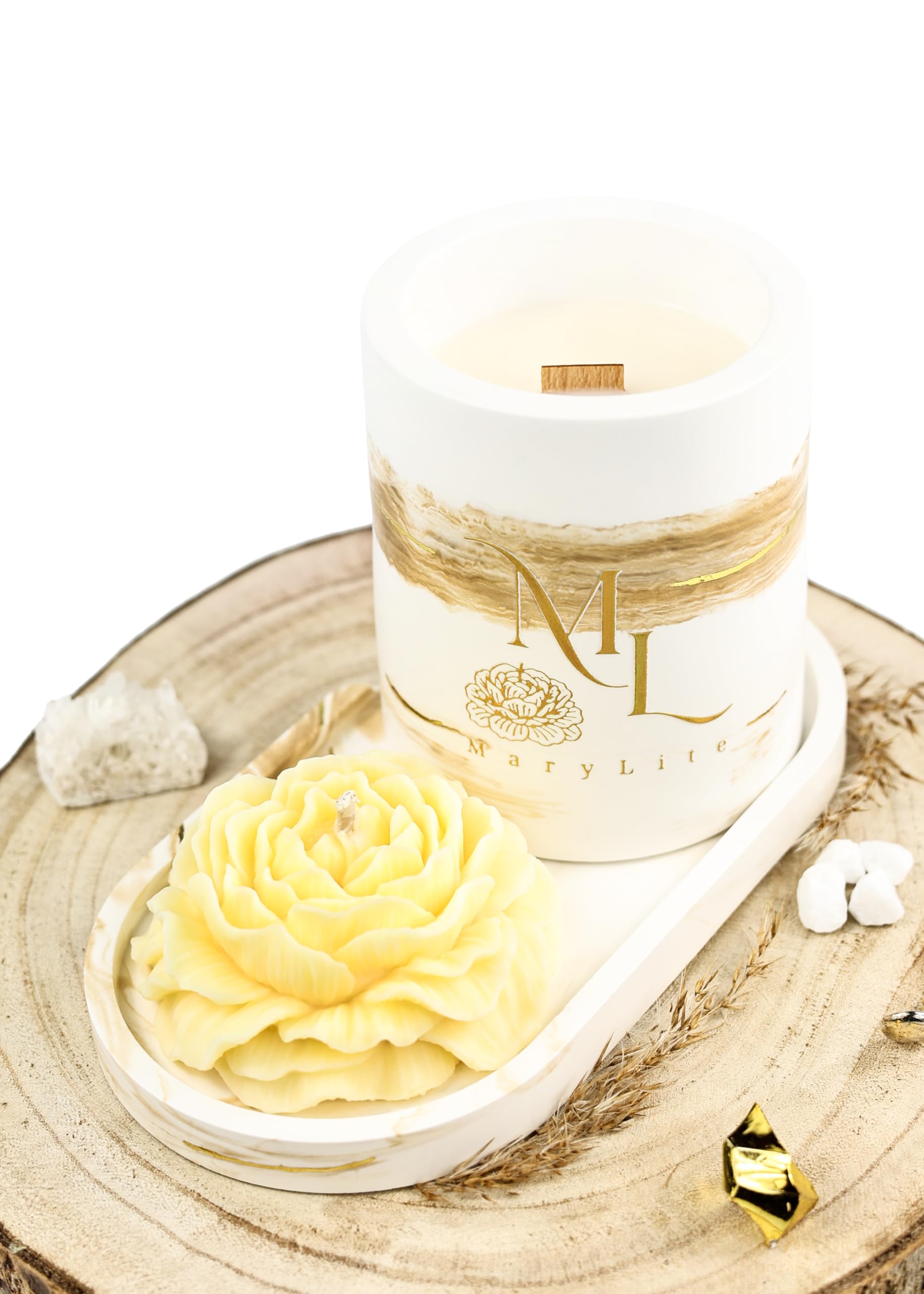Jasmine Ritual – Duftkerzen-Set mit Blütenkerze & Unterlage, handgegossen, Geschenkset