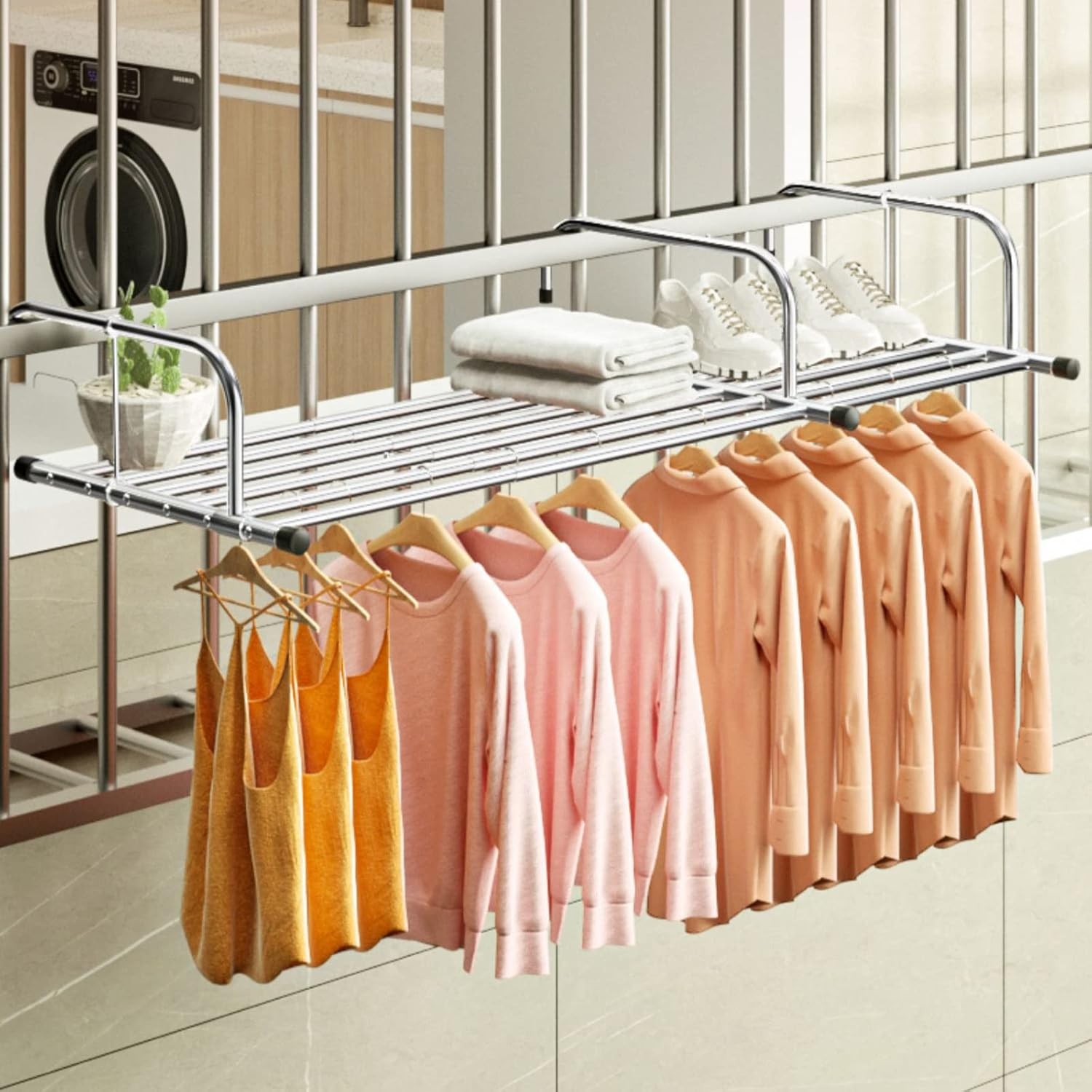 Clothes Horse Clothes Airer Stainless Steel Laundry Drying Rack,Extendable Clothing Dryer Rack,Clothes Drying Rack for Balcony,Ready to Use Once Hung,Wall Mounted Clothes,Silver 78 140cm